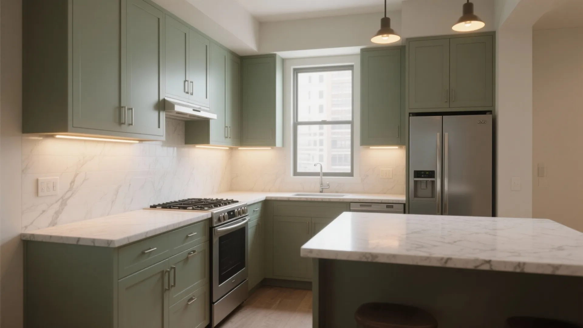 Modern kitchen with green cabinets white marble countertop stainless steel stove fridge and ceiling light