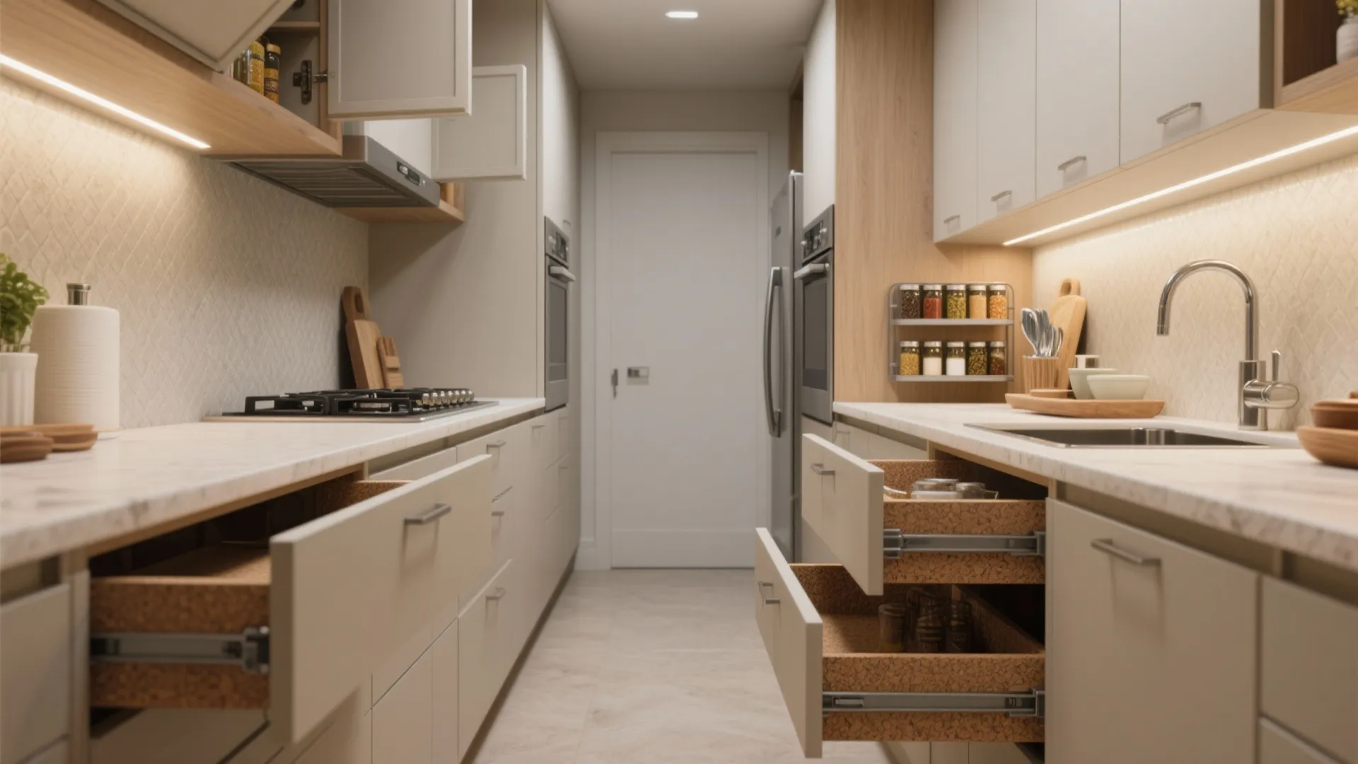 Modern galley kitchen with white cabinets open drawers marble countertops sink stove and warm under-cabinet lighting