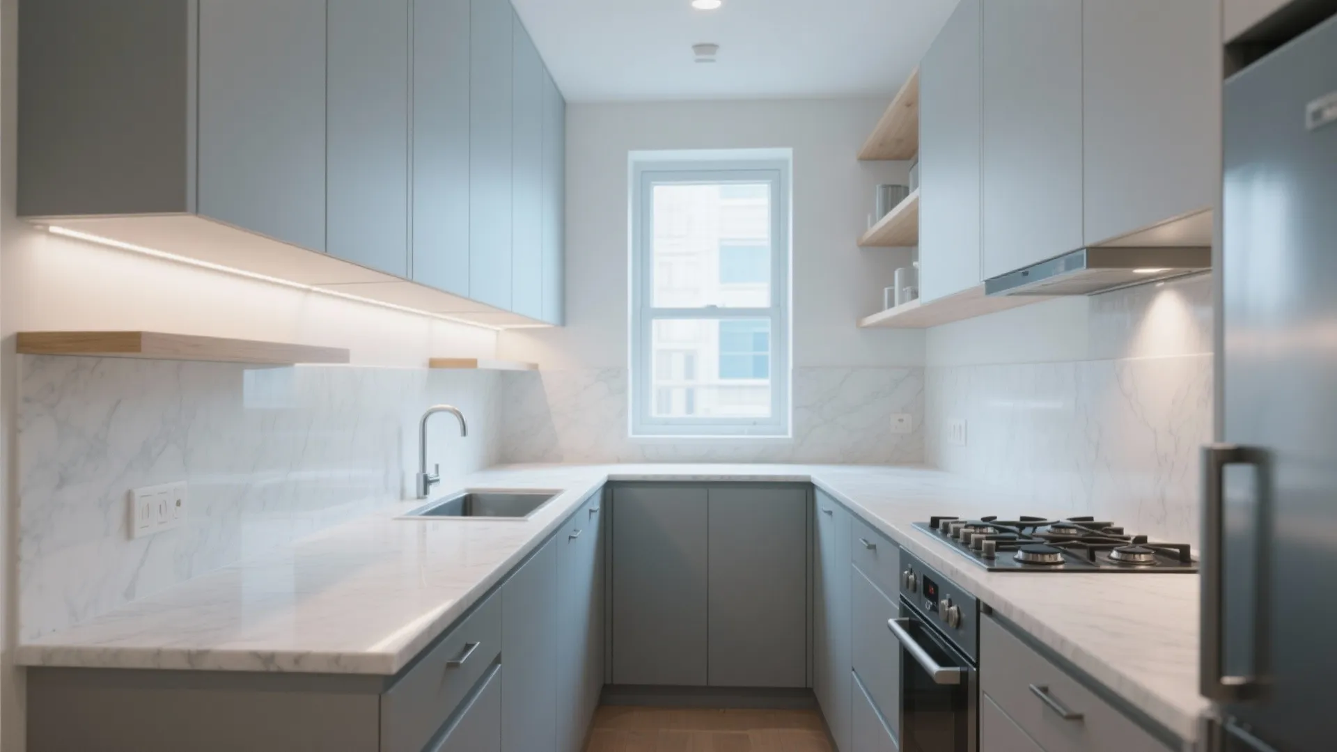 Modern small kitchen with blue cabinets white marble counter wood floor stove and narrow window view