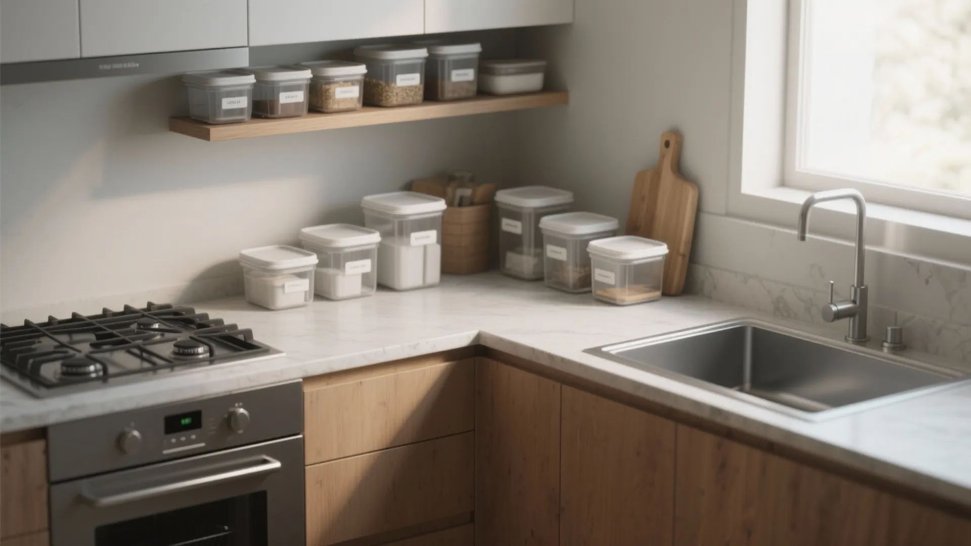 Modern kitchen with white marble countertop wood cabinets sink stove and organized clear food storage containers