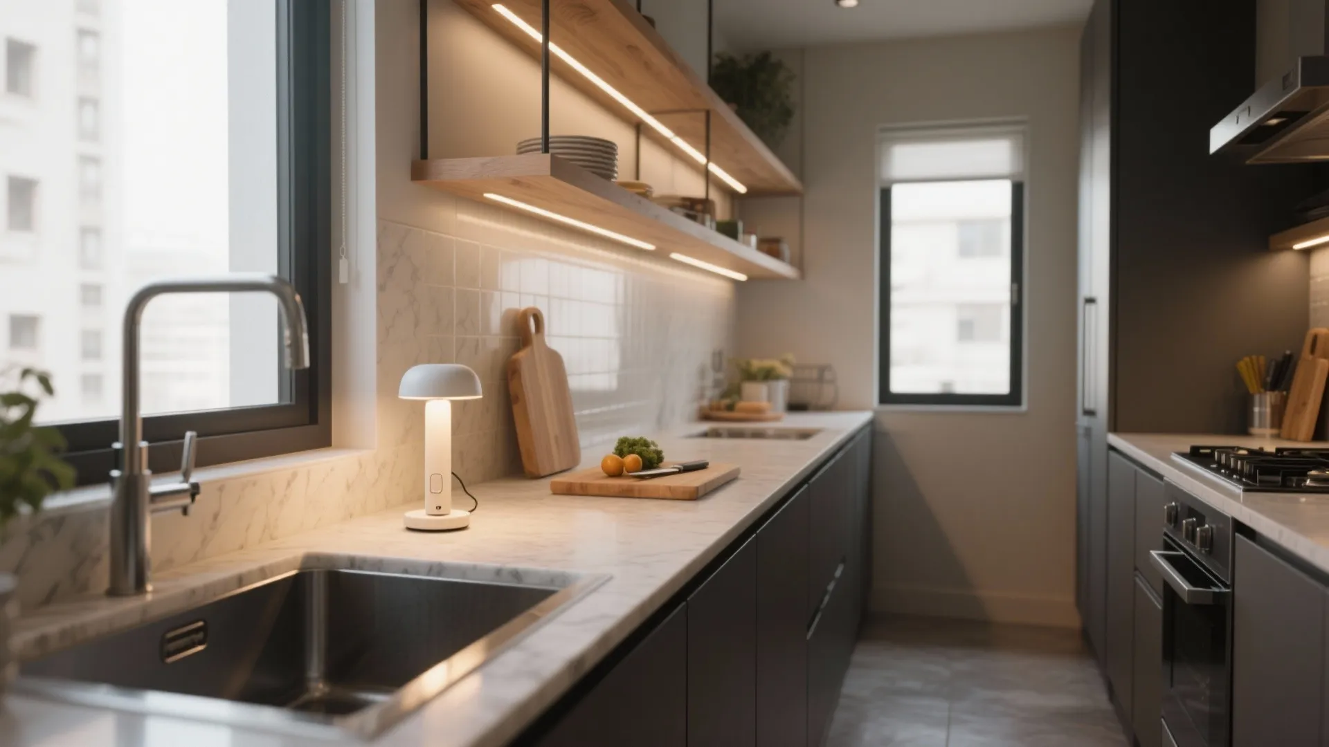 Modern kitchen with white marble countertop wooden shelves small lamp sink and dark grey cabinets