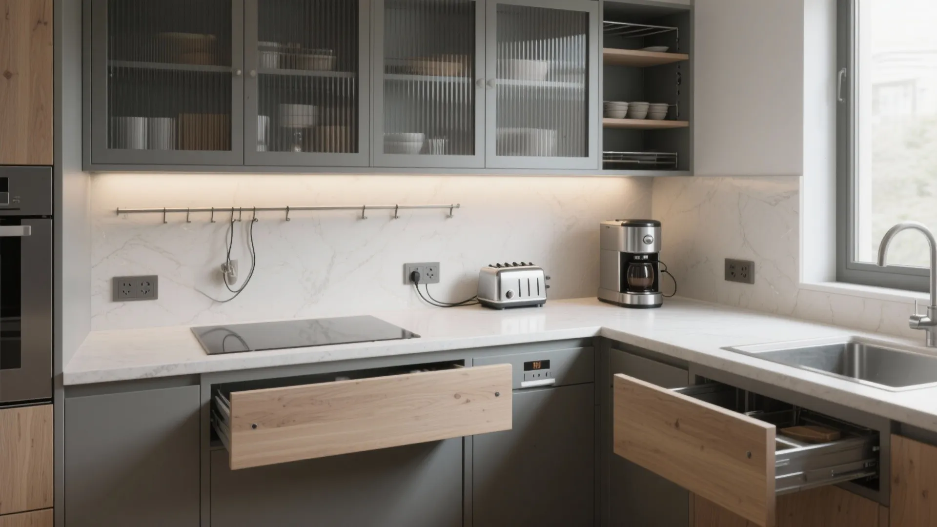 Modern kitchen with grey cabinets white marble countertop toaster coffee machine sink and open wooden drawers