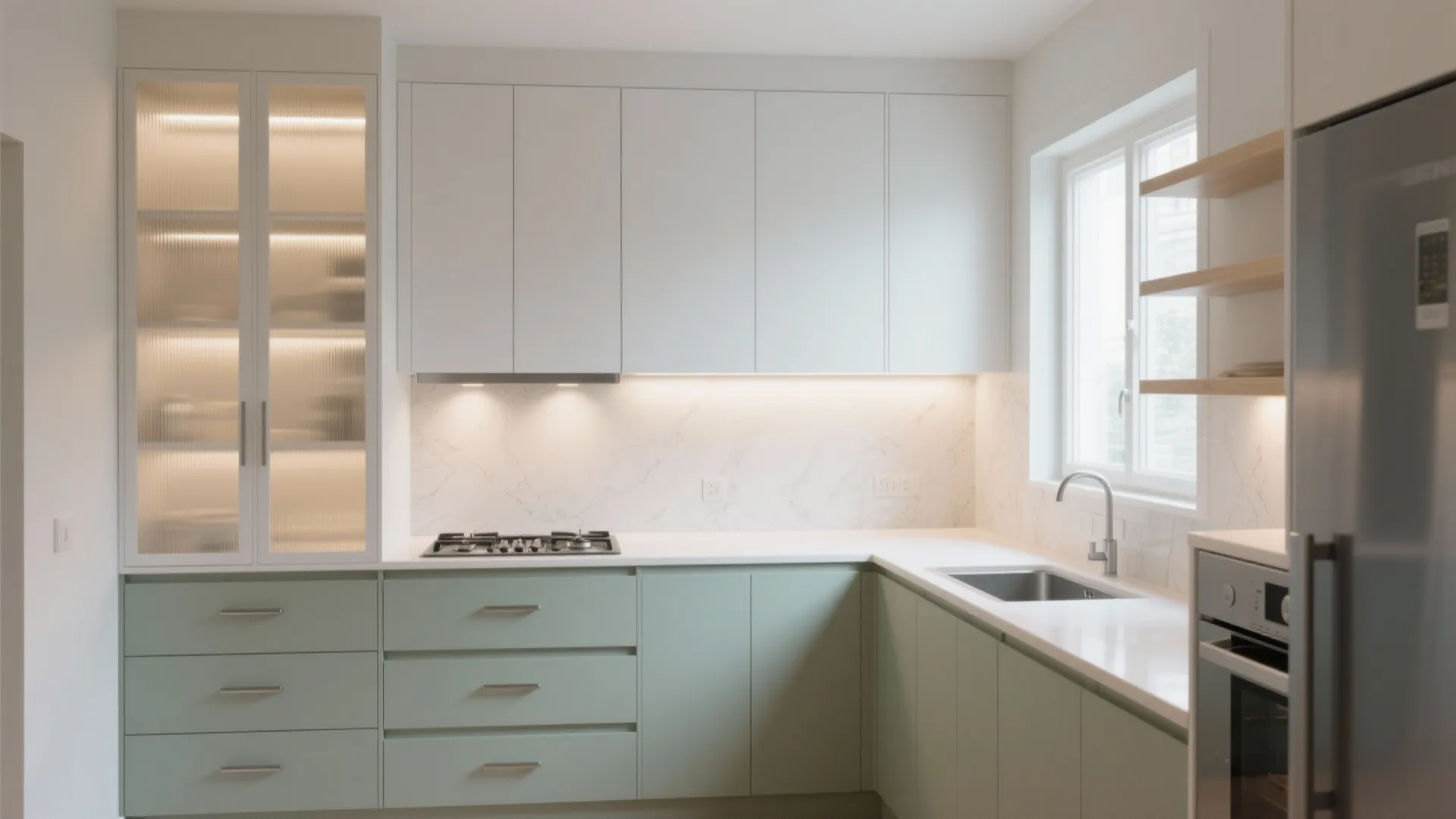 Modern kitchen with mint green lower cabinets white upper cupboards glass cabinet sink and large window
