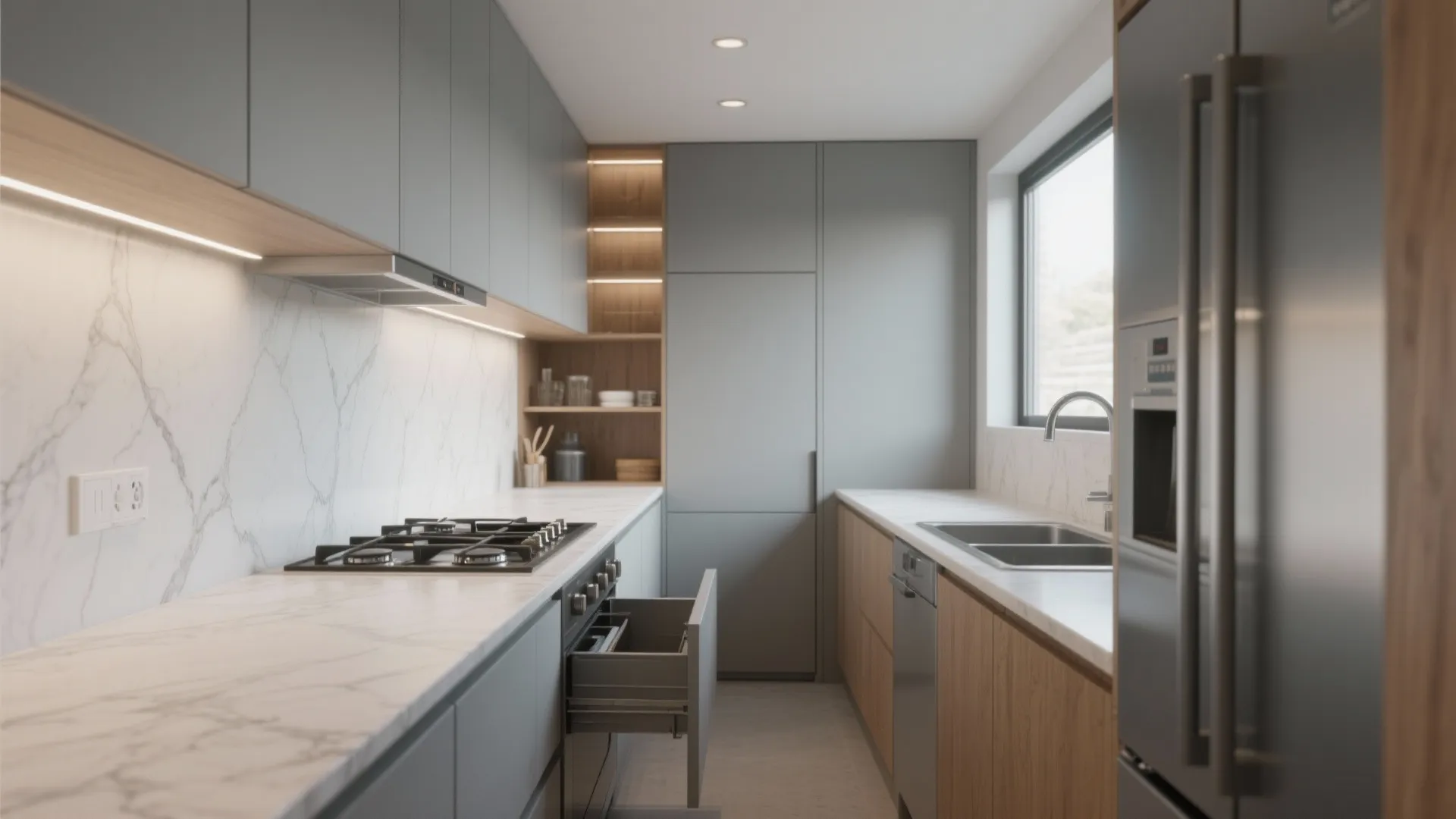 Modern narrow kitchen with grey cabinets white marble countertop wooden storage gas stove and sink