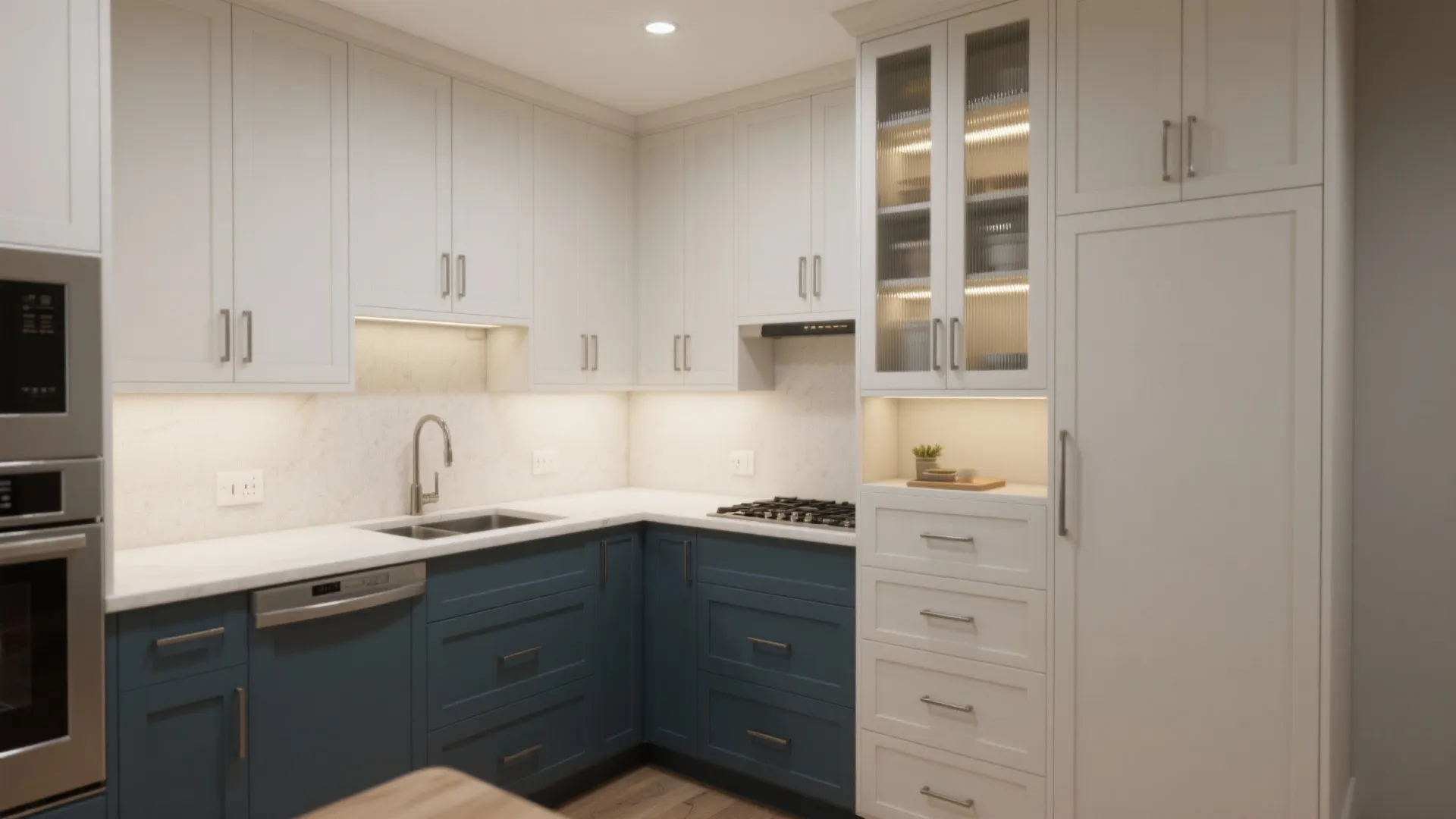 L-shaped kitchen with white upper cabinets, blue base cabinets, white countertops, sink, and gas stove