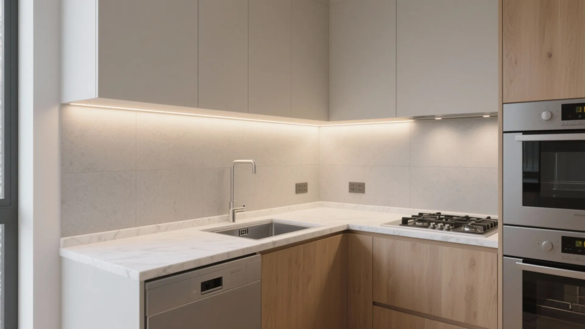 Modern kitchen with wooden cabinets white marble countertops under-cabinet lighting gas stove and built-in oven