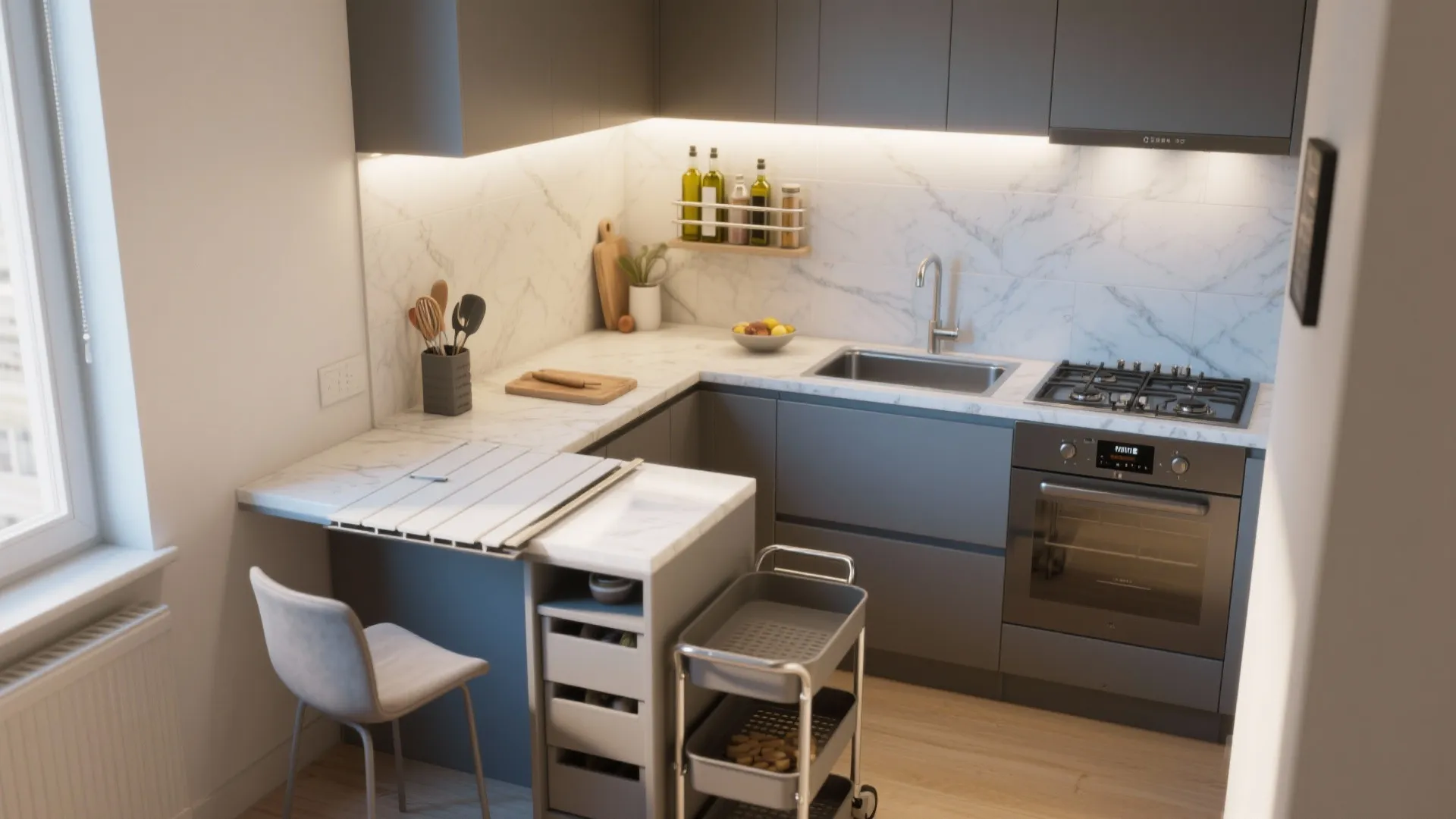 Modern compact kitchen with grey cabinets marble countertops gas stove oven sink and small breakfast bar