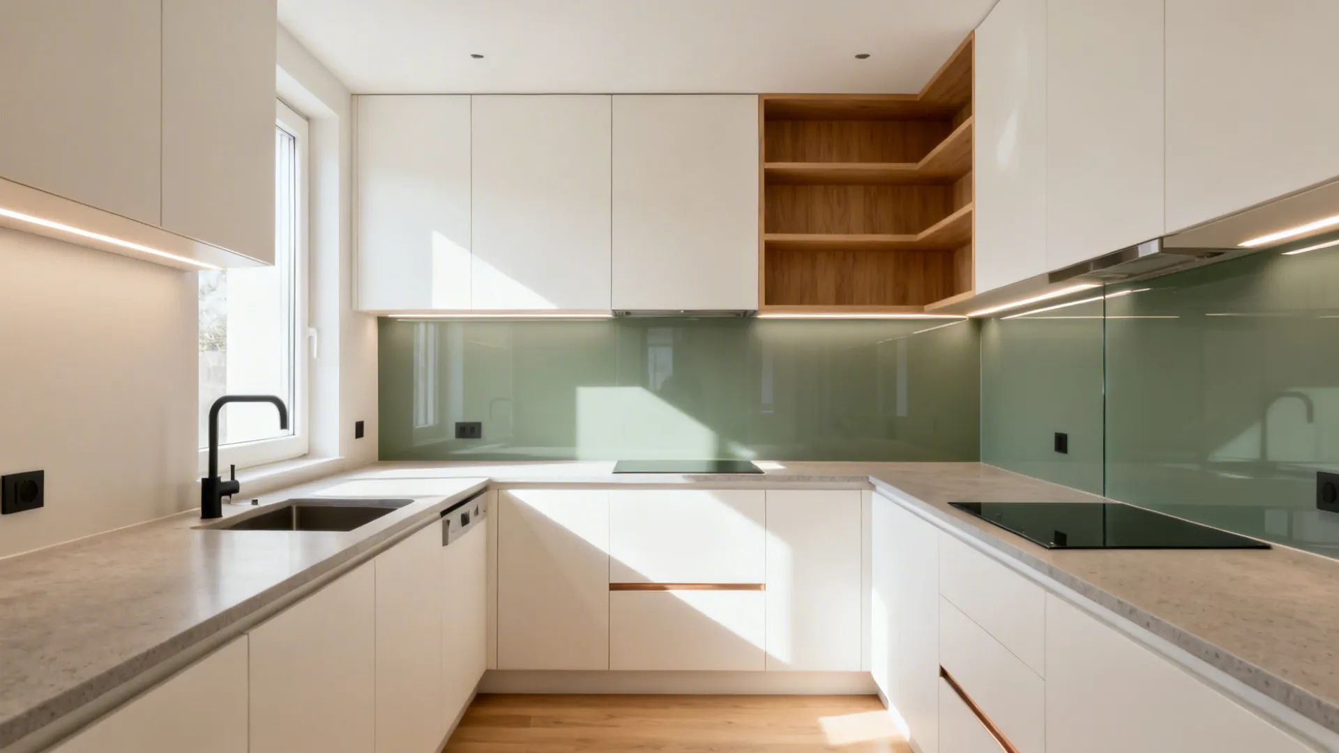 Modern white kitchen with green wall panels wood shelves light fixtures and large bright window view