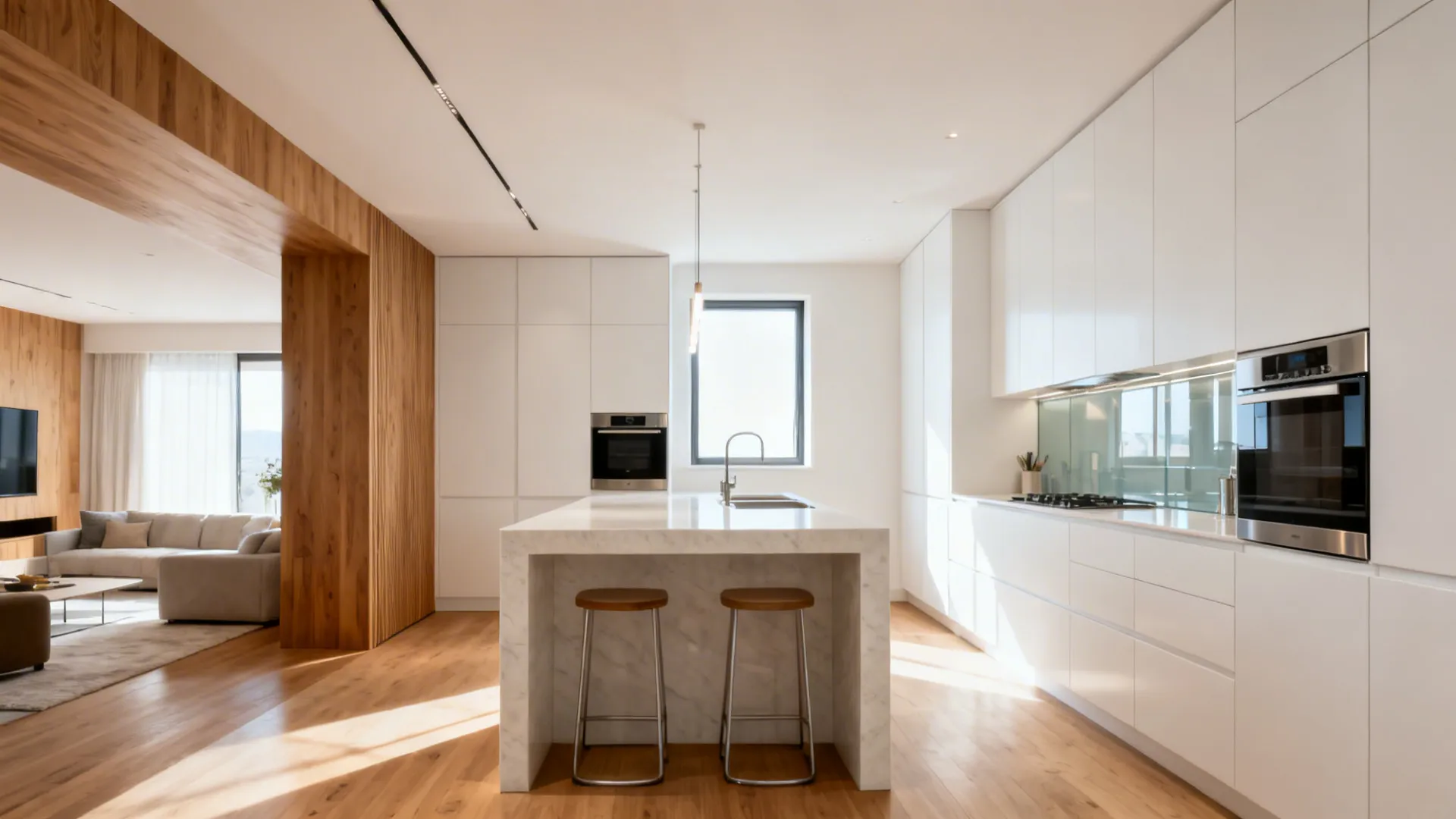 Modern white kitchen featuring marble island with wooden stools plus wood flooring and open living space