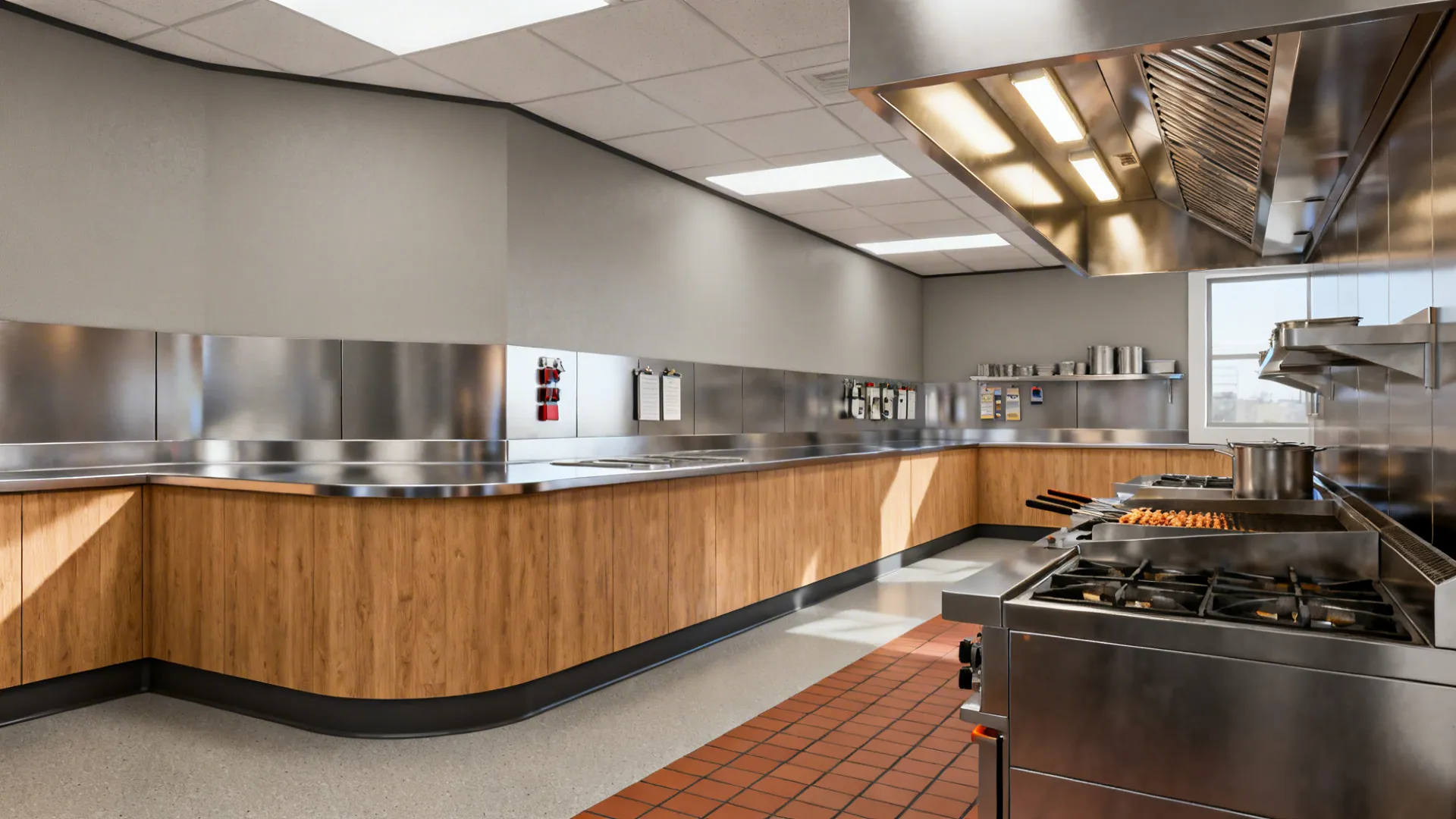 Professional kitchen with wooden cabinets stainless steel countertop large gas stove and red tiled floor
