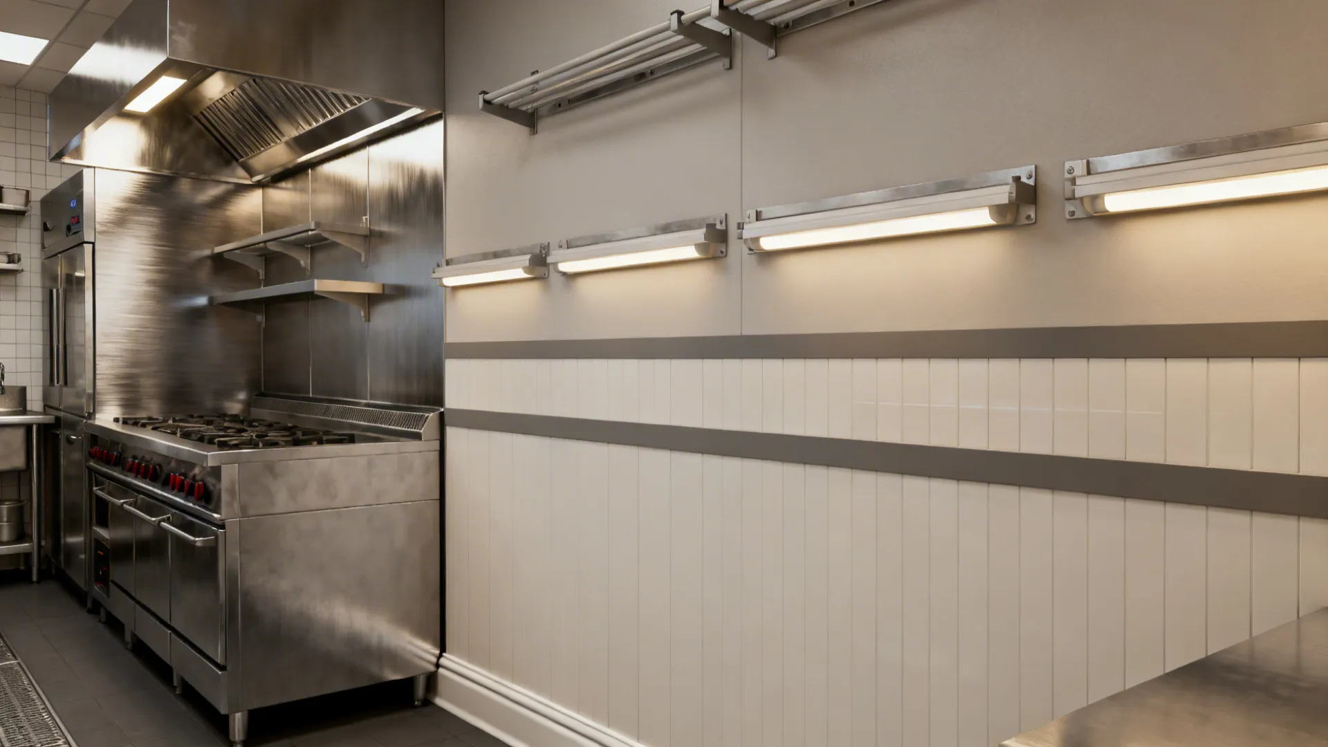 Commercial kitchen featuring stainless steel stove, exhaust hood, wall lights, and a white wall panel