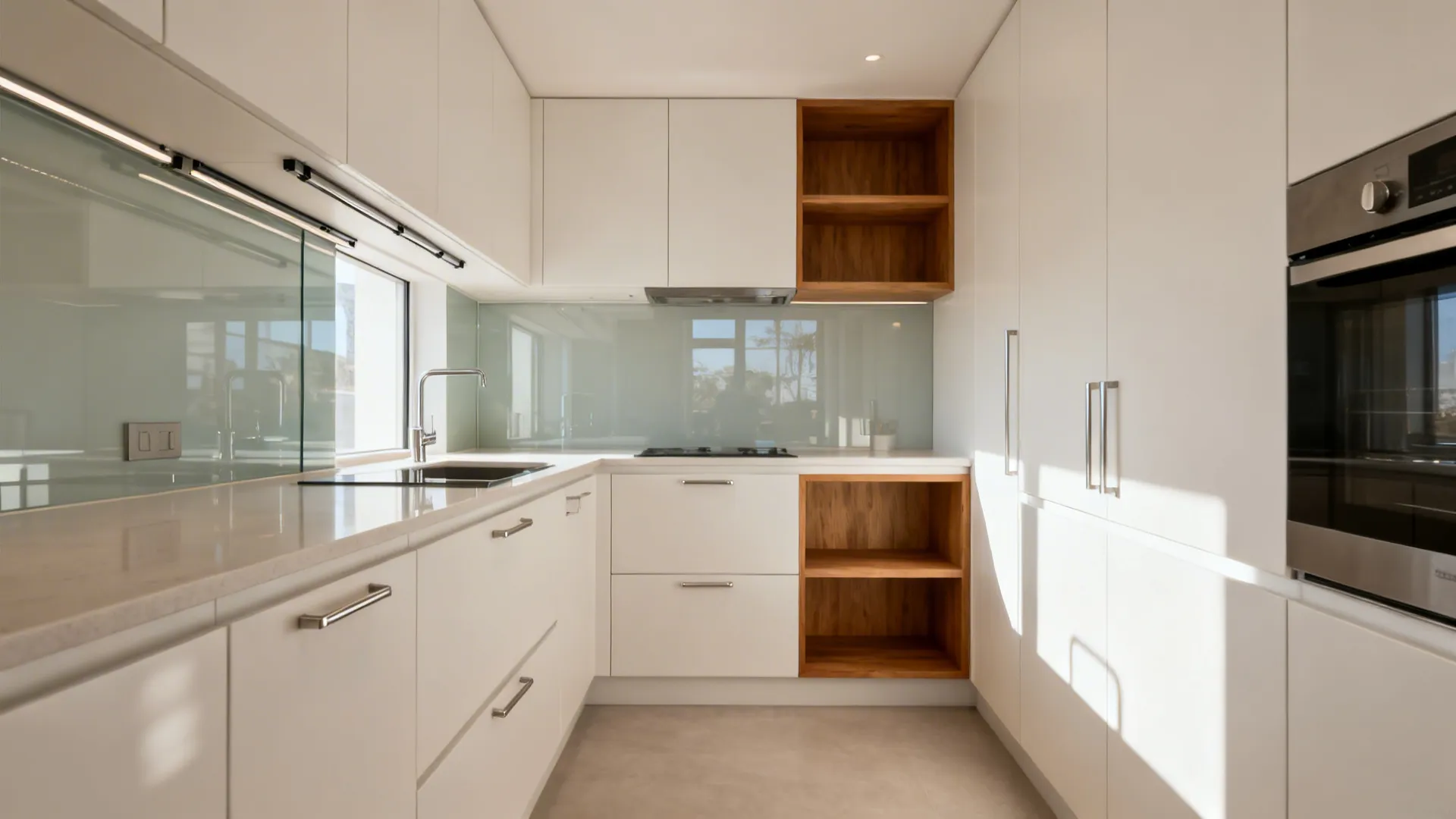 Modern white kitchen with wooden shelves glass backsplash sink oven and bright natural sunlight windows