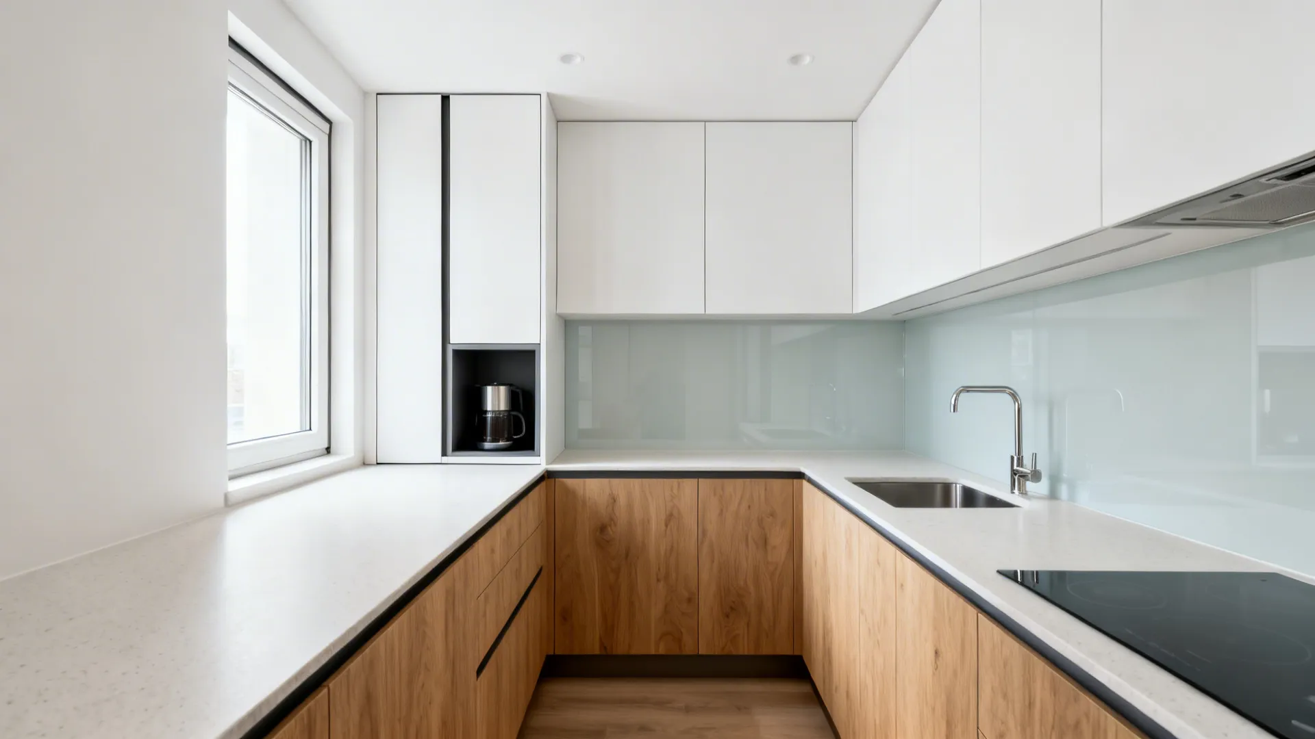 Modern kitchen with white upper cabinets wooden lower cabinets white countertop sink and large window
