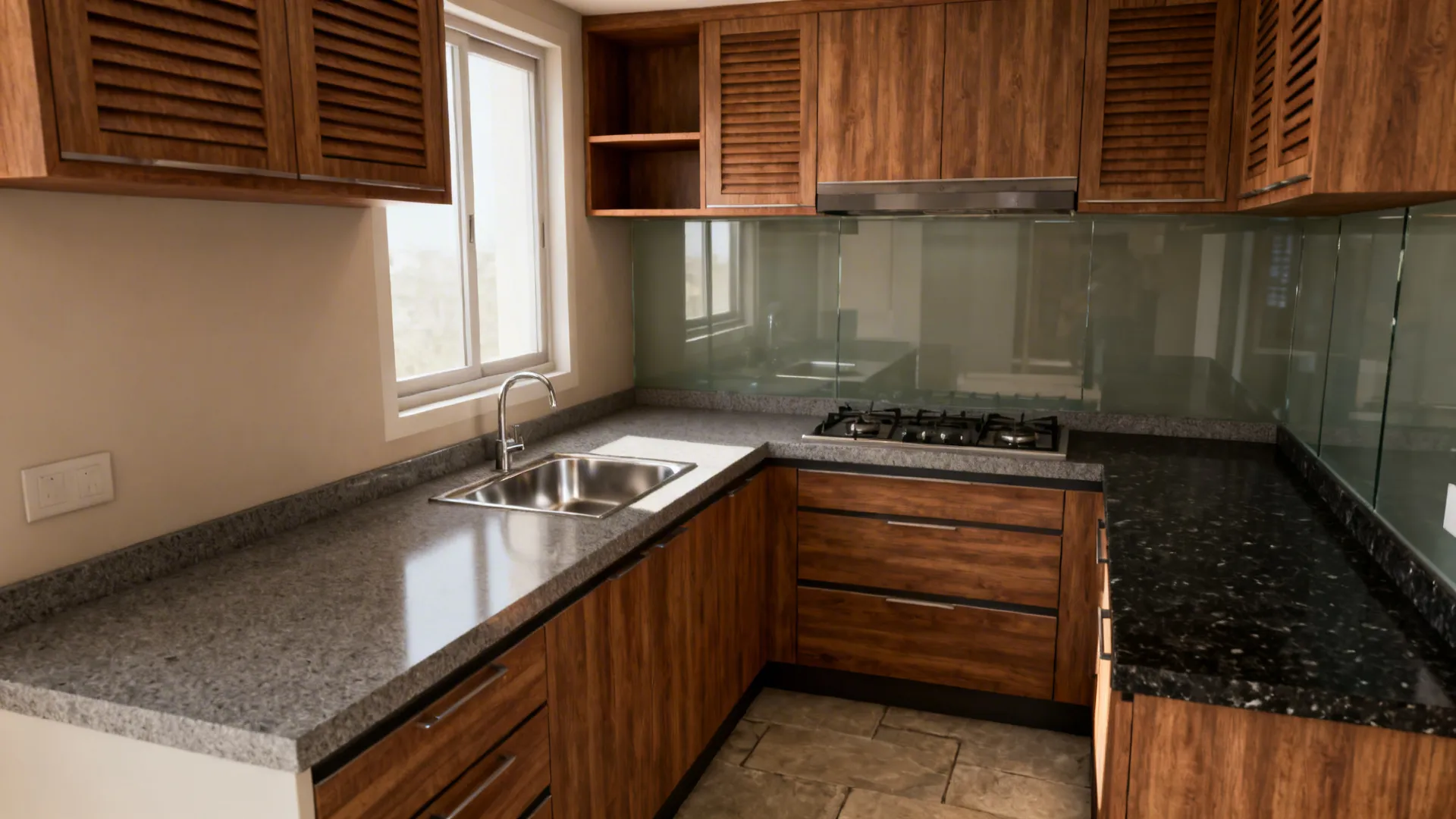 Compact kitchen featuring wood cabinets grey stone countertop stainless steel sink and gas stove burner