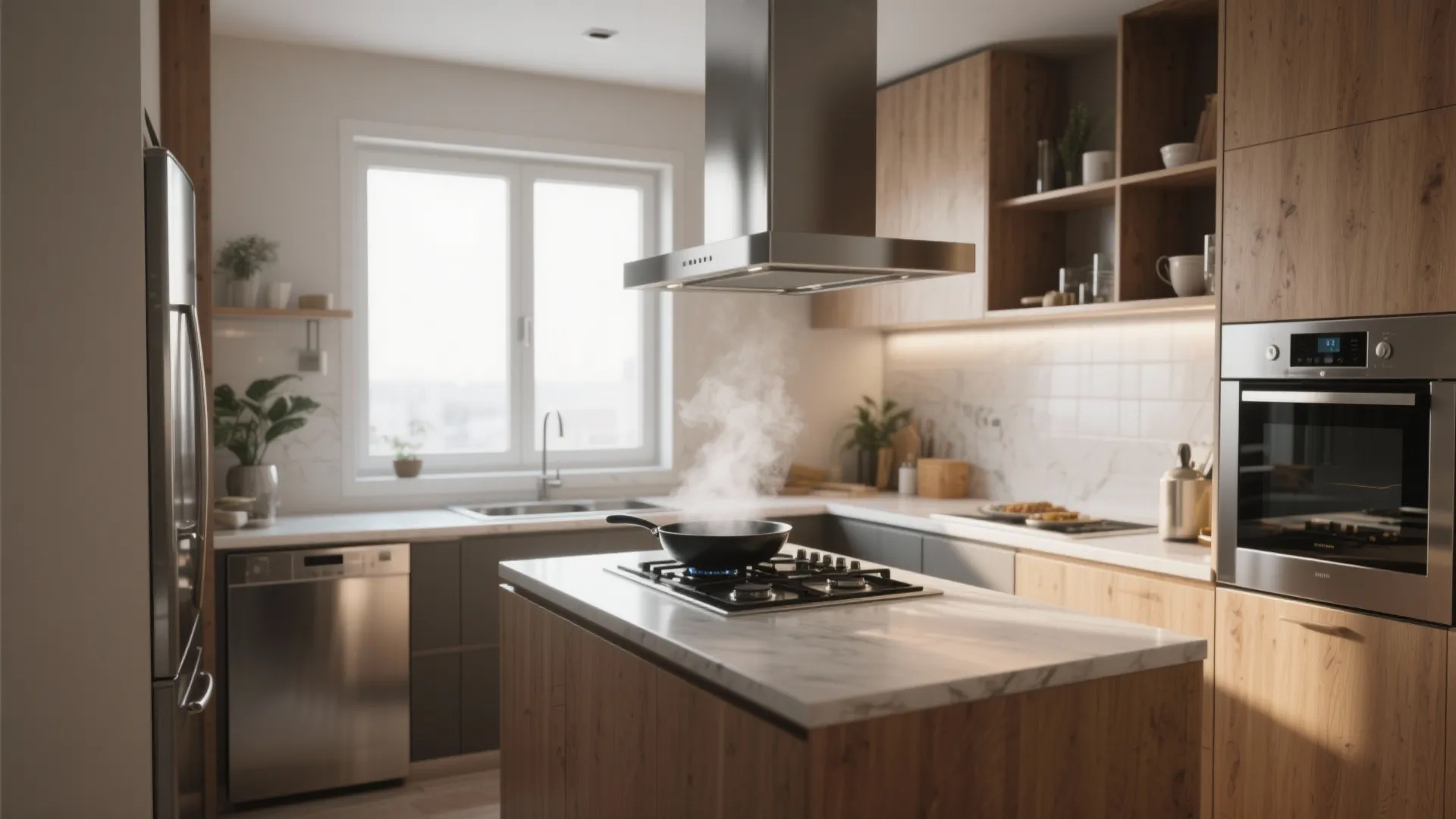 Modern kitchen with wood cabinets, island, gas stove, and stainless steel vent hood over stove