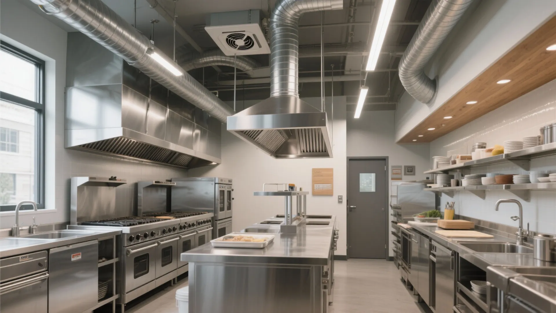 Modern commercial kitchen featuring stainless steel counters, professional stoves, vent hoods, and industrial ceiling pipes