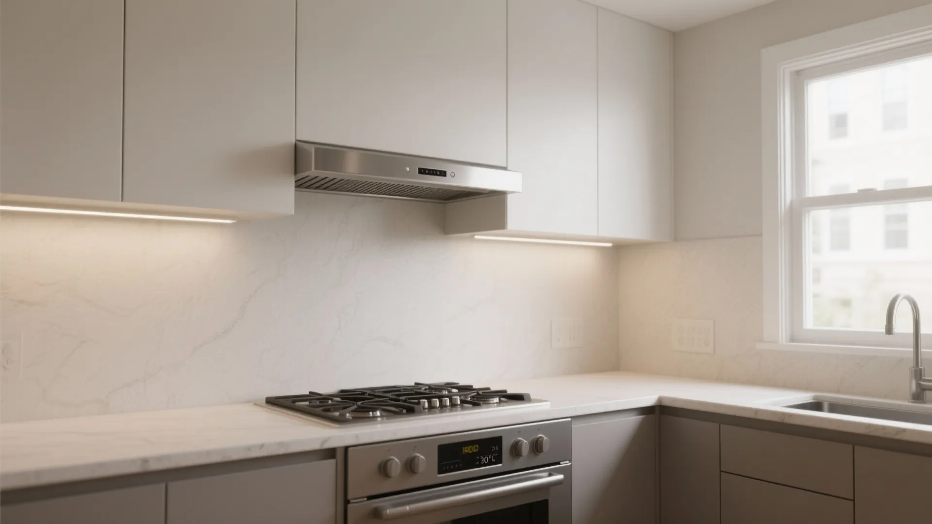 Modern kitchen with white cabinets silver stove hood marble countertop gas stove and bright window