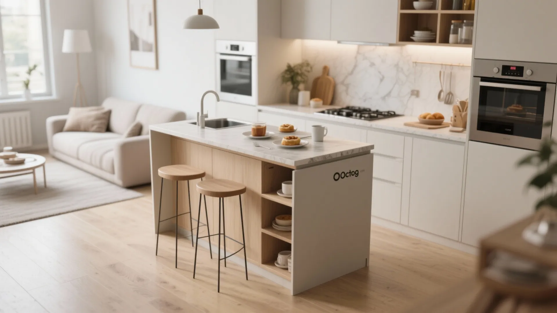 Modern white kitchen island with marble top wooden stools and open shelves in bright apartment