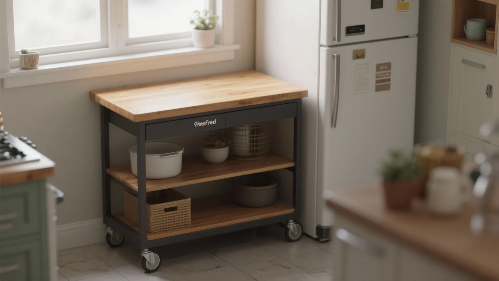 Small rolling kitchen island with wood top and open shelves