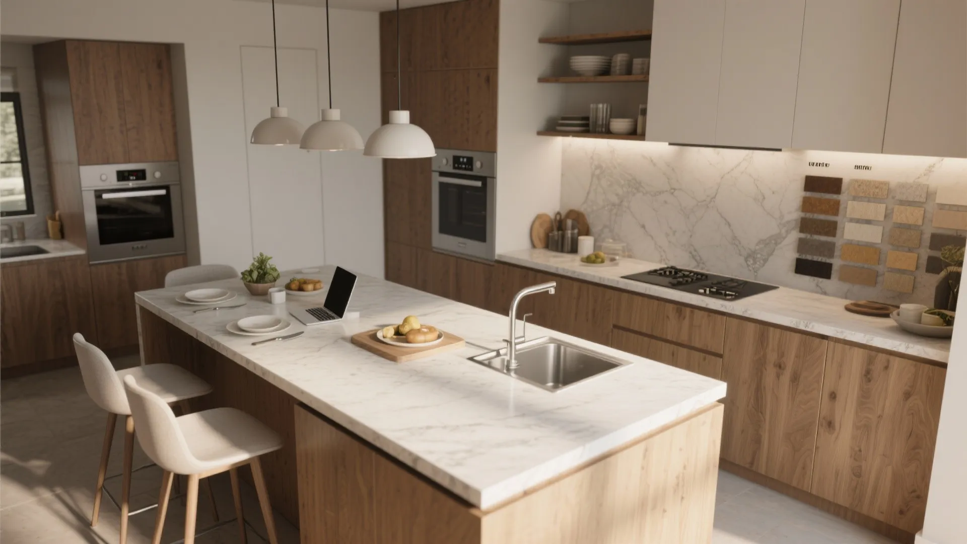 Modern kitchen with wood cabinets marble island white ceiling lights and built in oven design