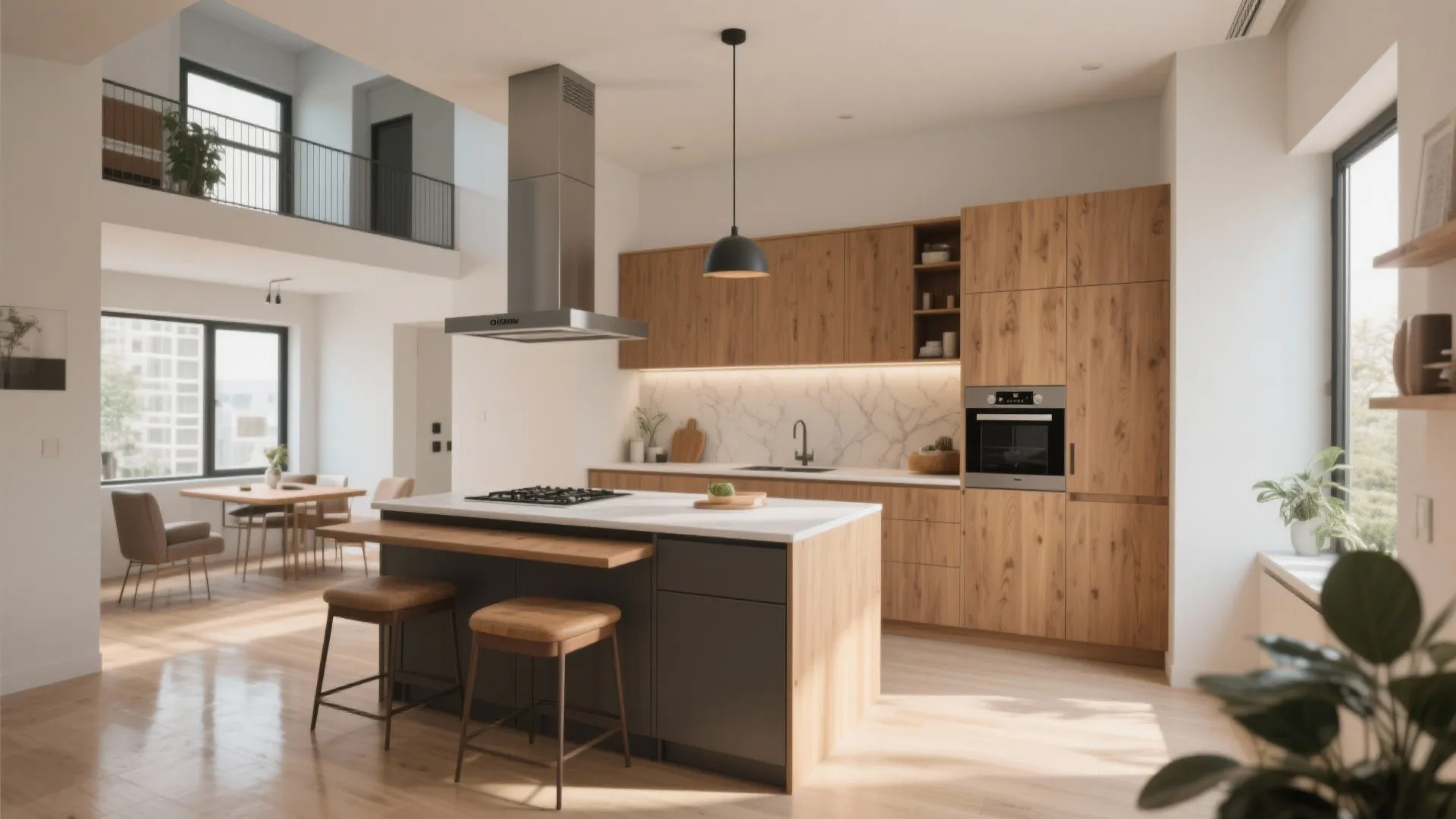 Modern kitchen design with wooden cabinets large island with stools marble backsplash and black light