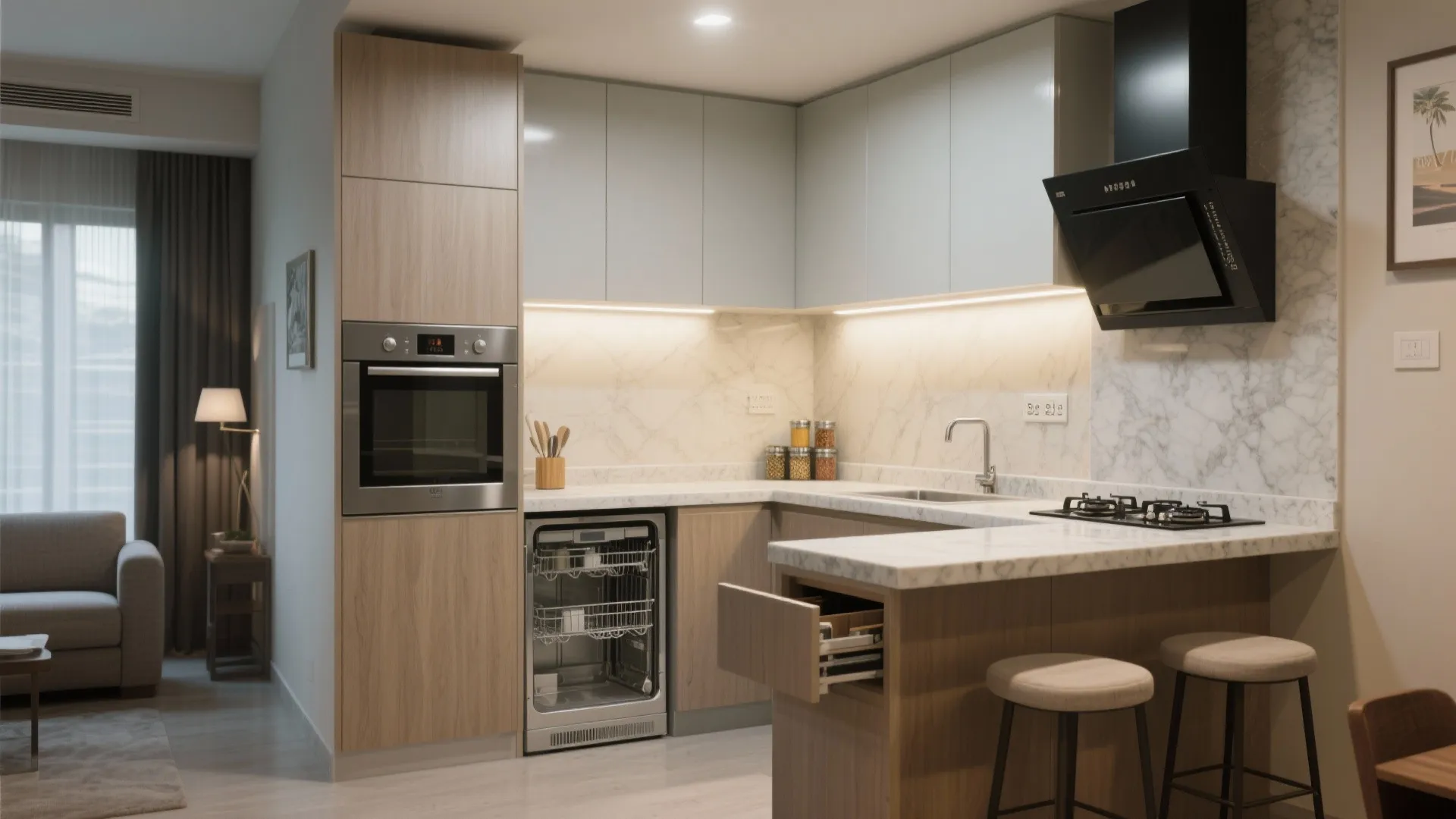 Compact kitchen that welcomes quick cooking and long stays