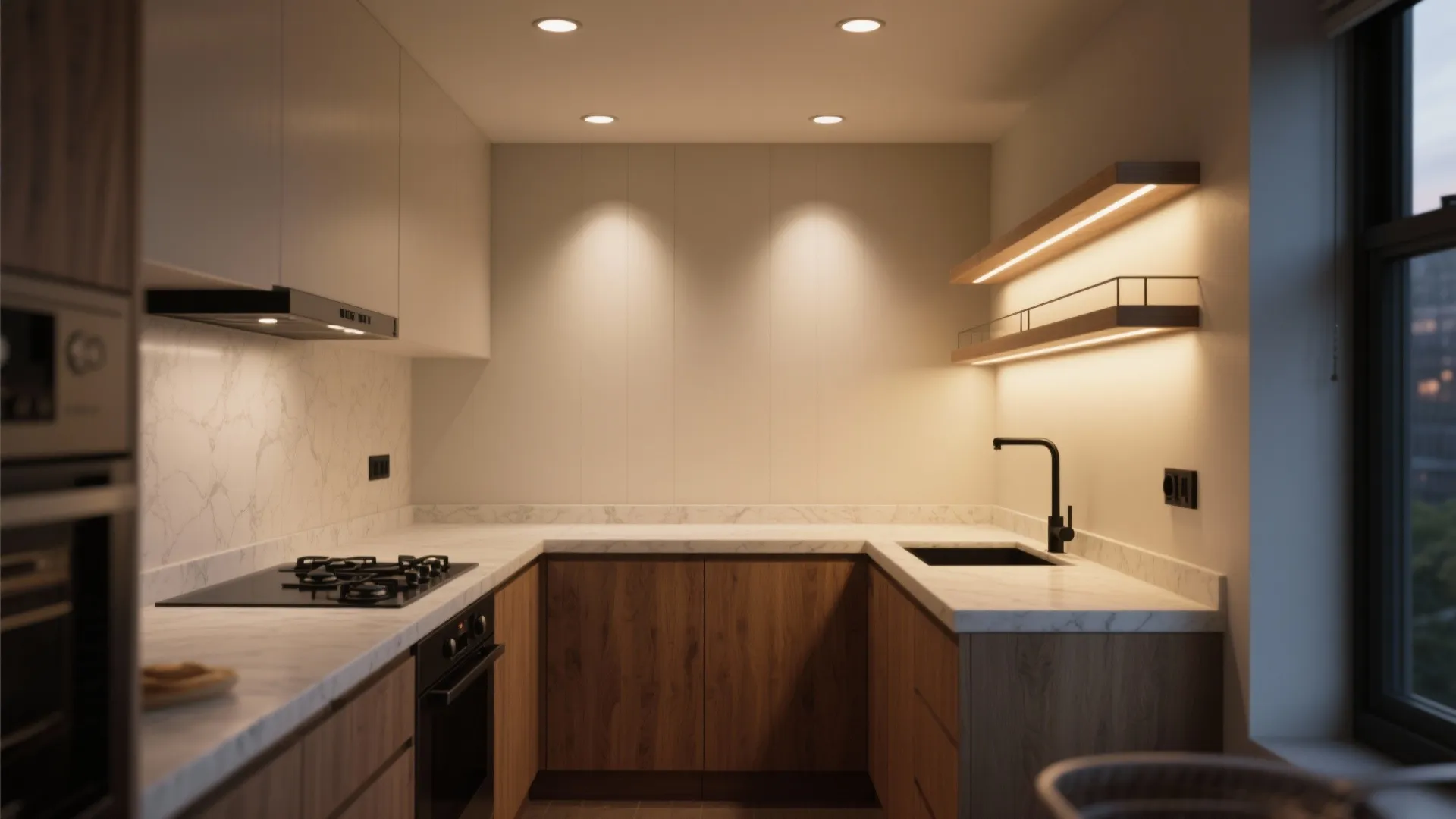 Modern kitchen with wood cabinets, white marble countertop, stove, sink, and warm ceiling light fixture