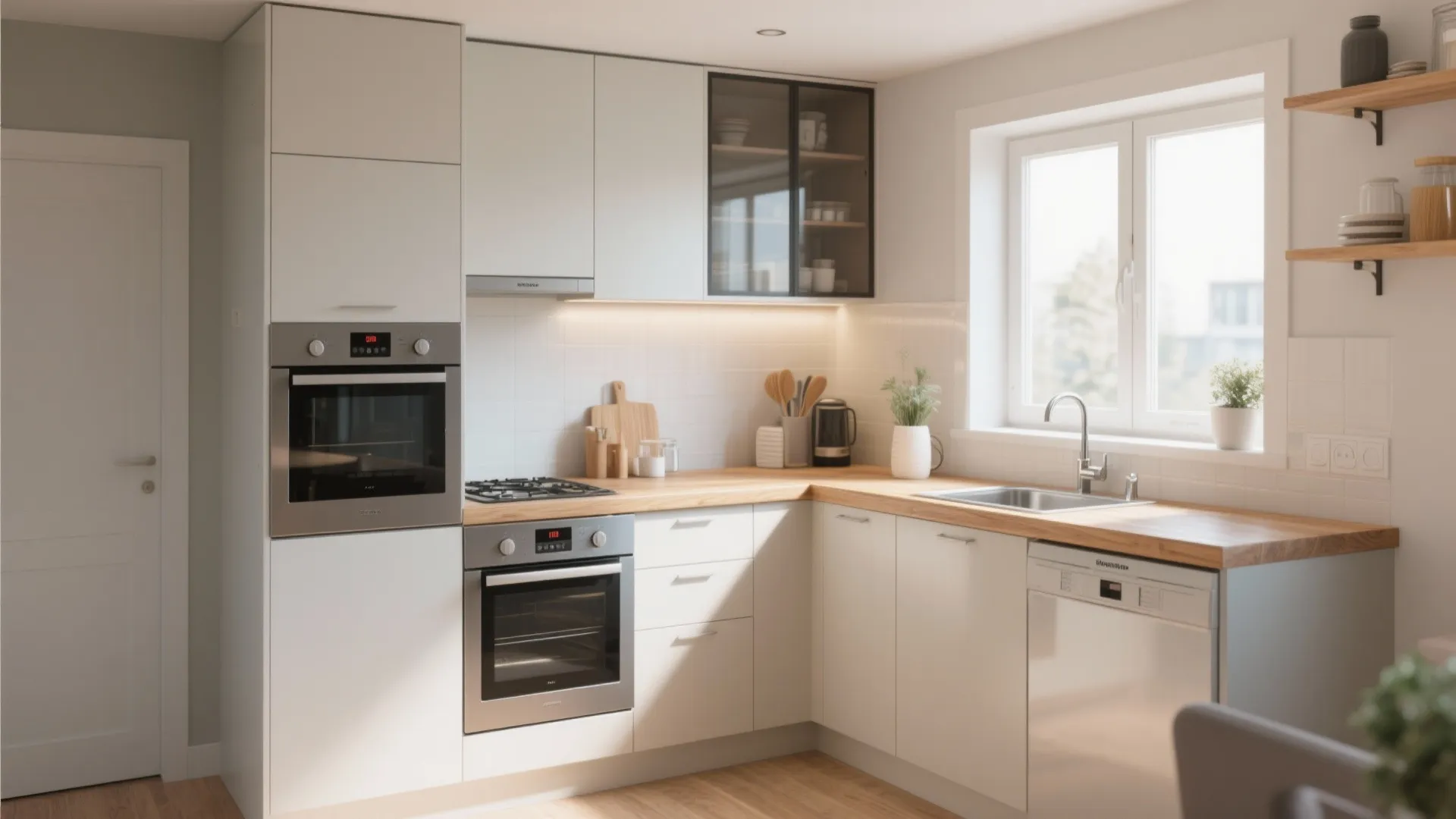 L-shaped compact kitchen with light and wood finishes