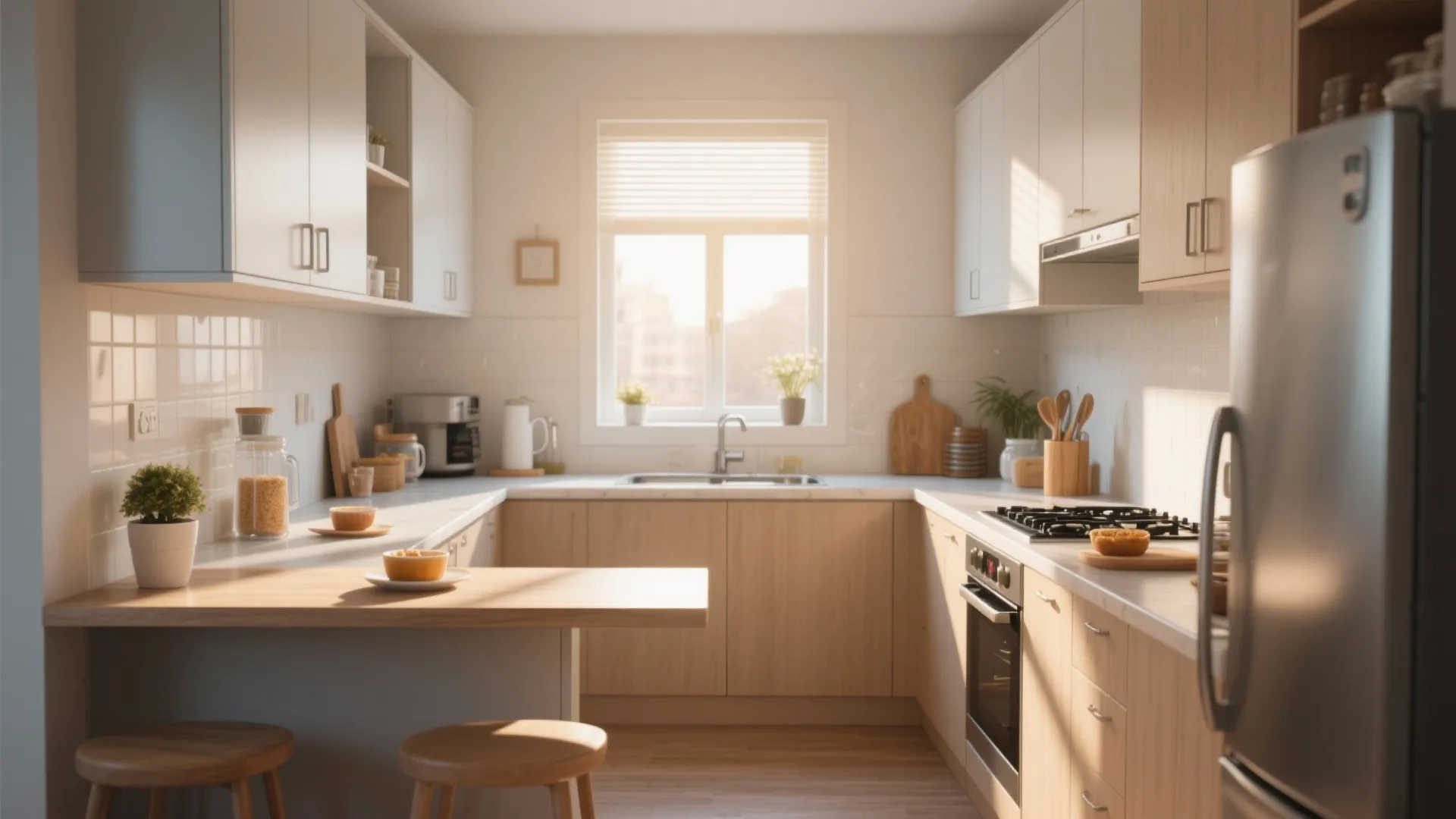 Efficient small U-shaped kitchen with breakfast bar