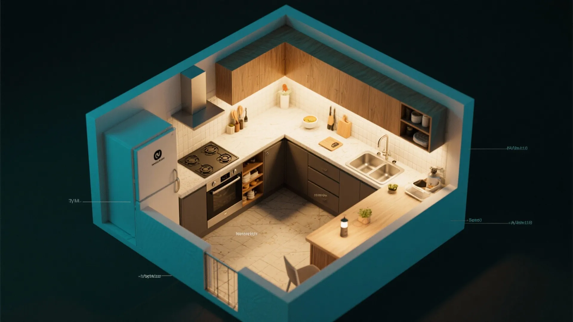 Top-down view of an efficient small L-shape kitchen design