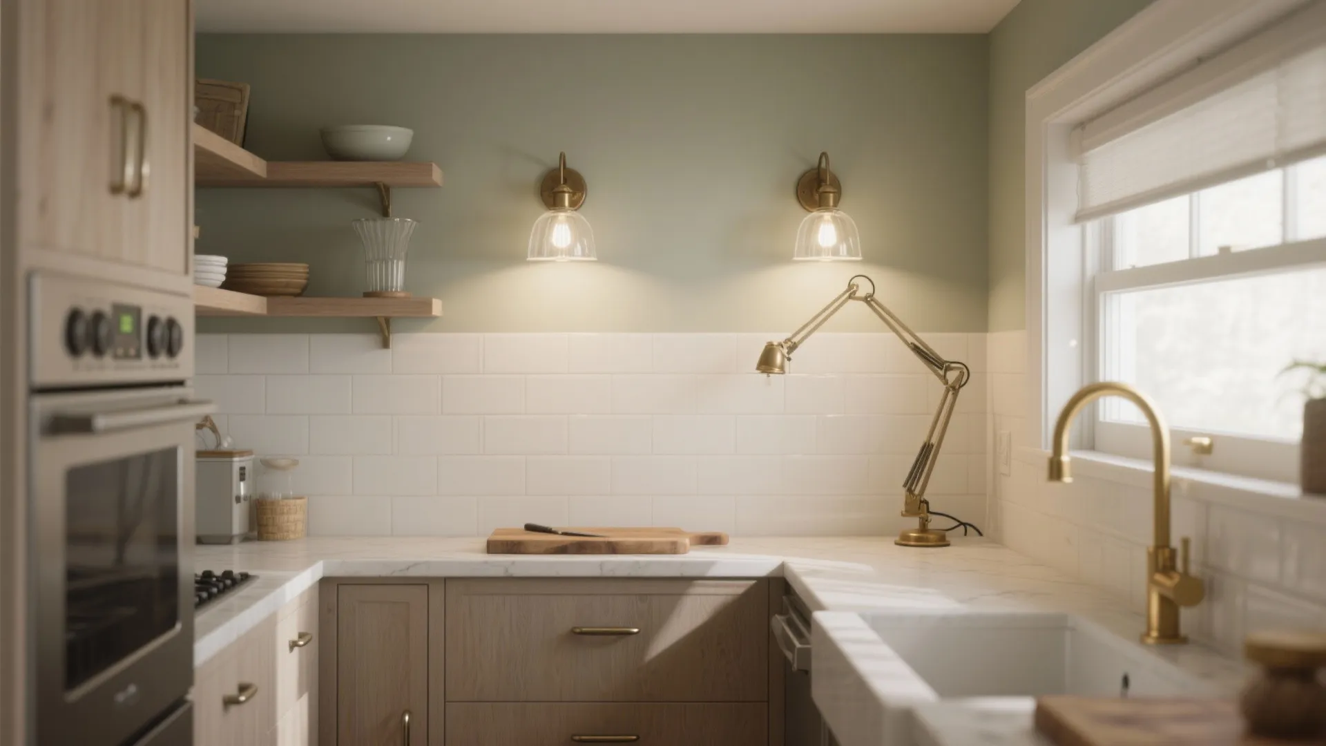 Kitchen interior with green walls white tiles brass wall lights wooden shelves and white sink