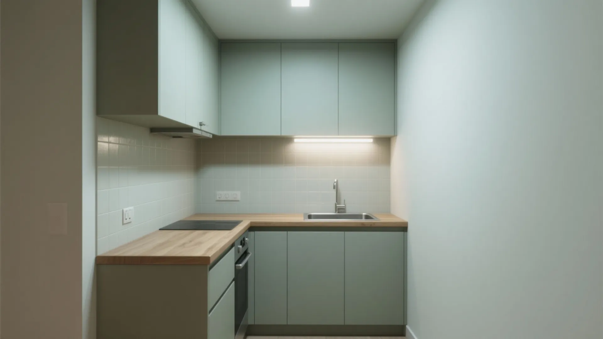 Small kitchenette with ceiling and walls painted the same calming neutral color for a composed look.