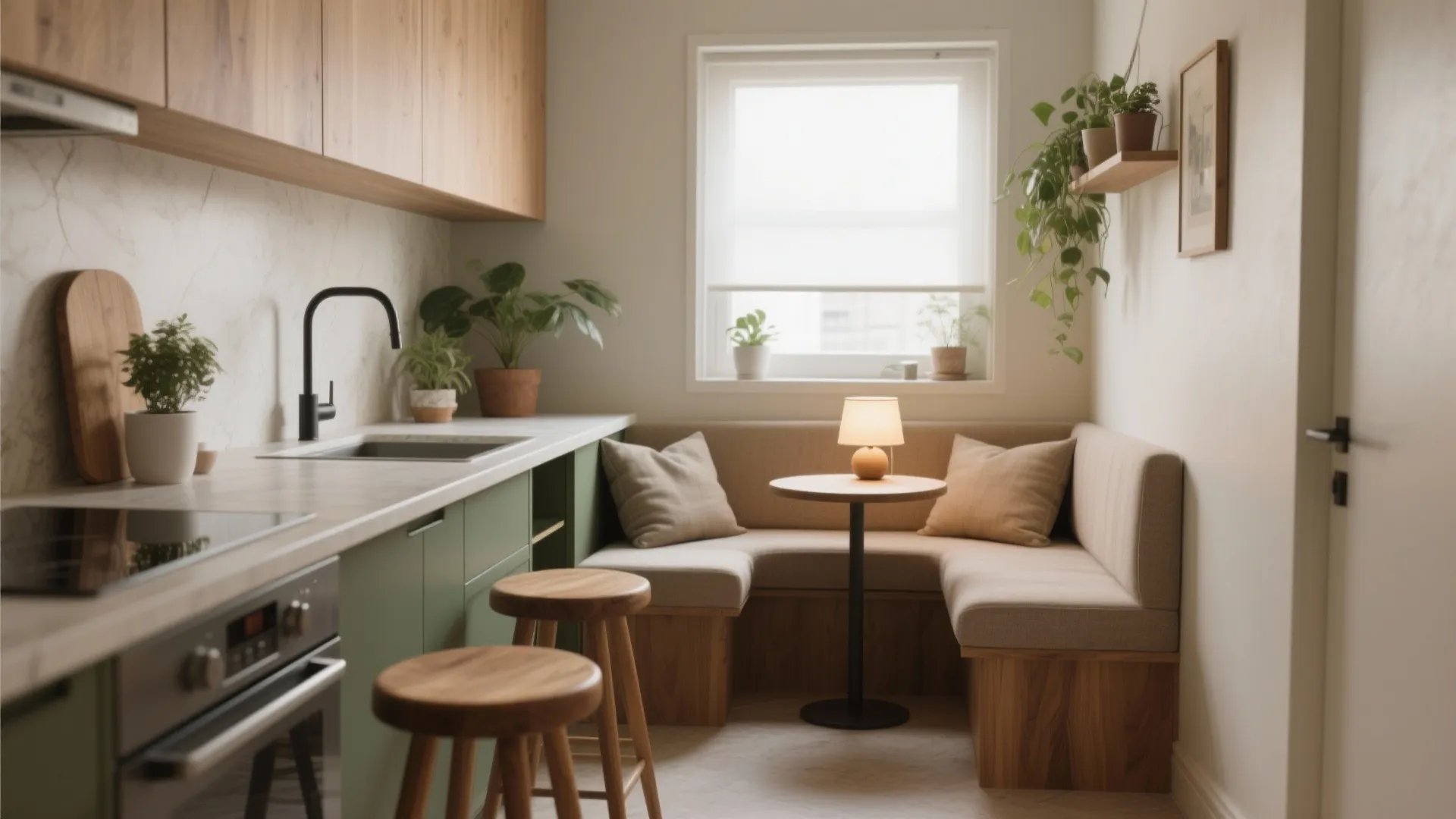 Compact kitchen corner with green cabinets wooden stools small dining nook table and green indoor plants