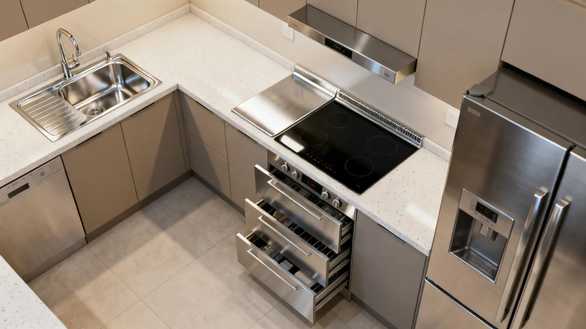 Top-down plan of a compact chef-style kitchen showing zoned flow and efficient pathways.