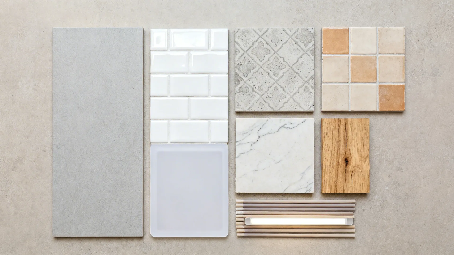 Flat lay of compact kitchen tile palette: matte porcelain, glossy subway, patterned porcelain, zellige, slab chip, oak, grout.