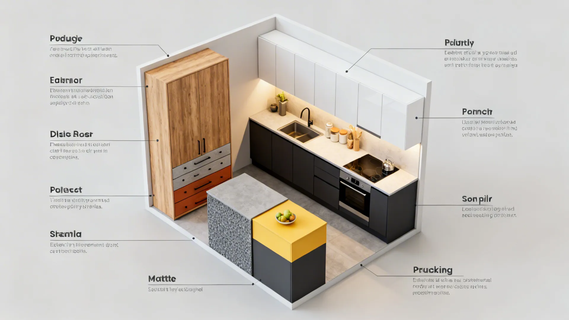 Top-down compact kitchen plan with zones and varied sunmica finishes for workflow clarity.