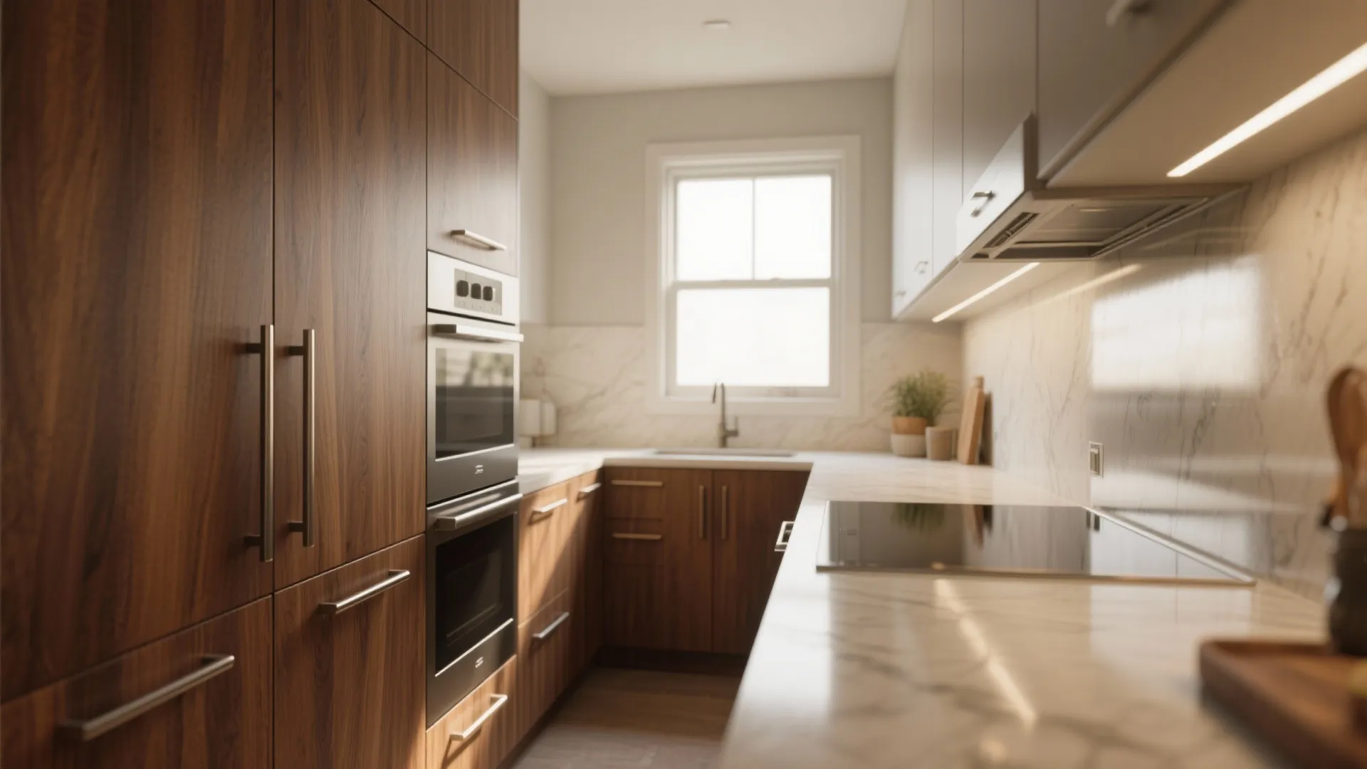Modern kitchen featuring dark wood cabinets, marble countertops, built-in ovens, a window, and natural light