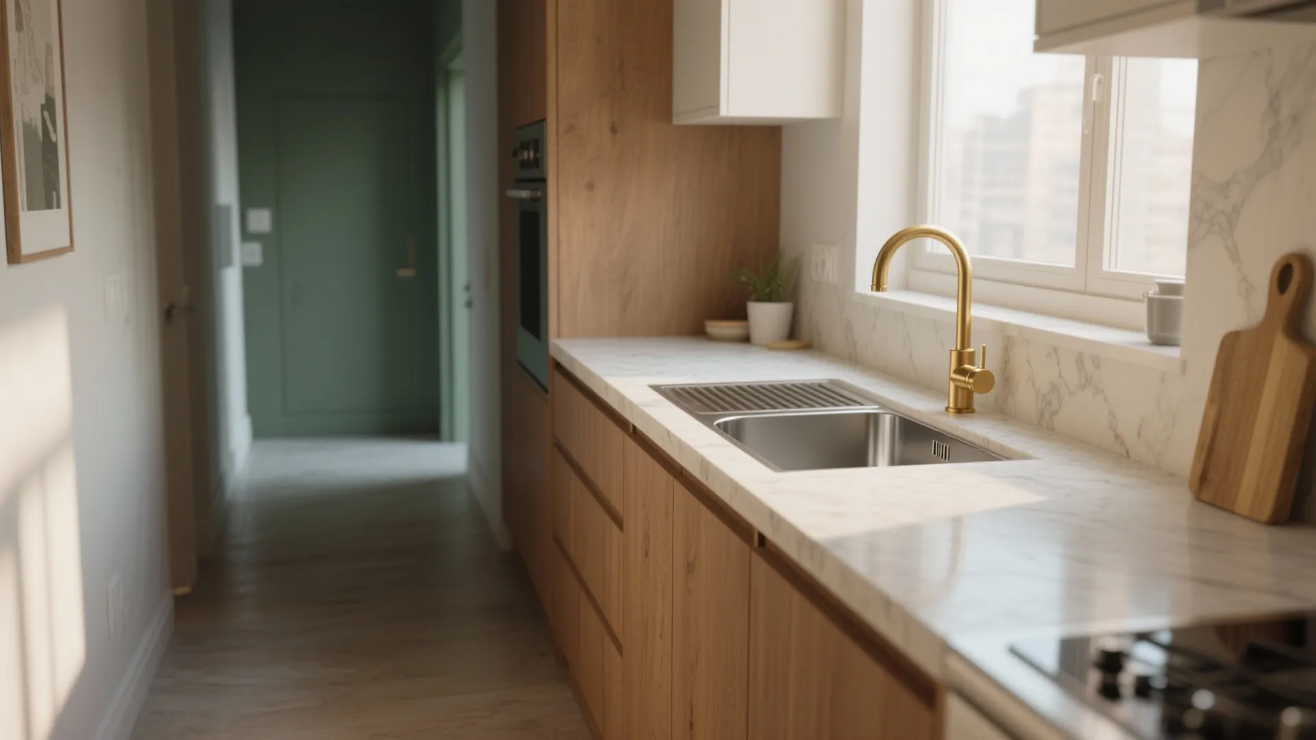 Modern kitchen with wooden cabinets marble countertop stainless steel sink and a gold water tap fixture