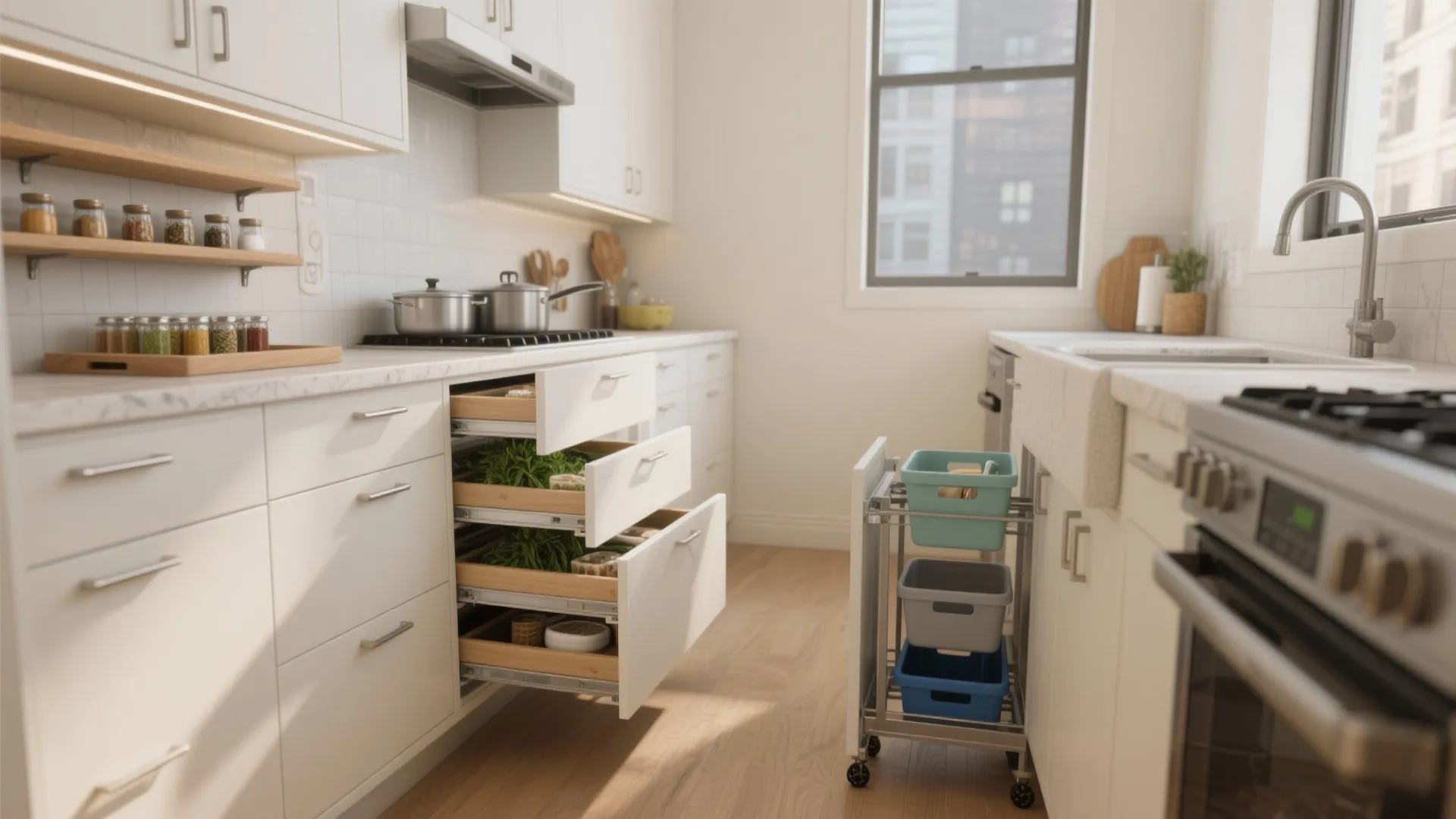 Modern white kitchen with open cabinet drawers storage solutions sink stove and natural window light