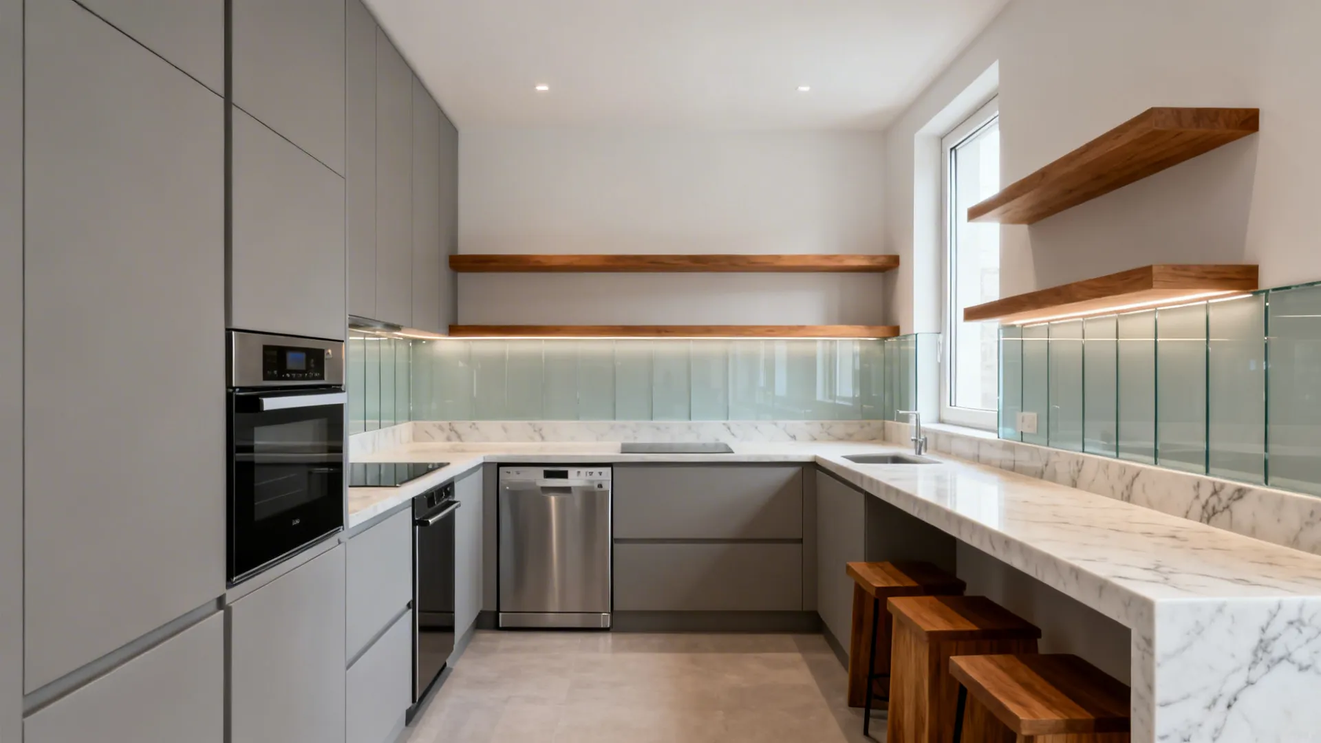 Cohesive 5×6 L-shaped kitchen with glass backsplash, warm wood accents, and compact appliances.