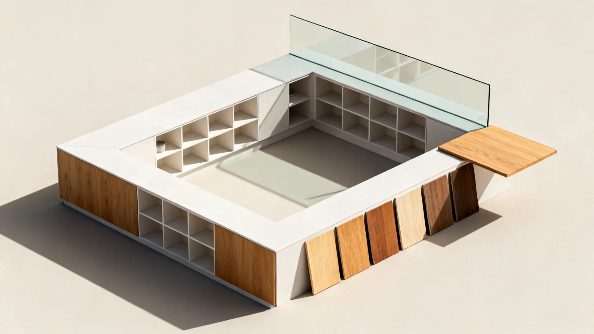Top-down visual summary of compact kitchen strategies with zones and materials arranged clearly.
