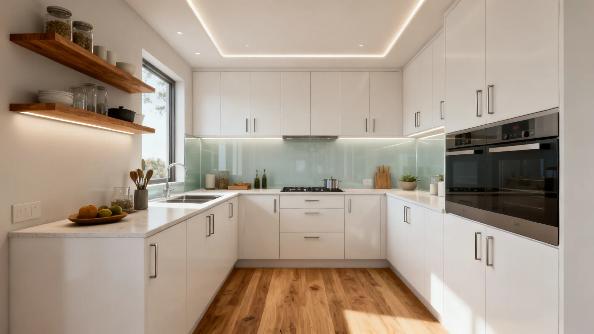 Compact kitchen combining minimalist cabinets, pale glass, an L layout, oak accents, and layered lighting.