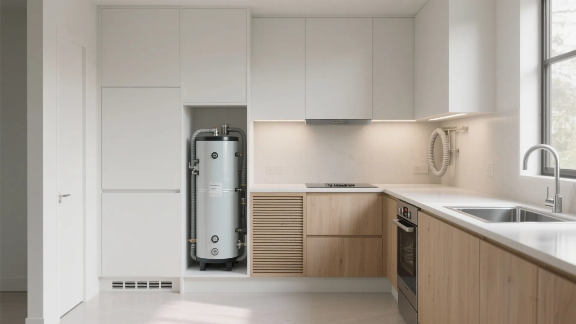 Modern white kitchen featuring wooden cabinets a large water tank stove sink and oven unit