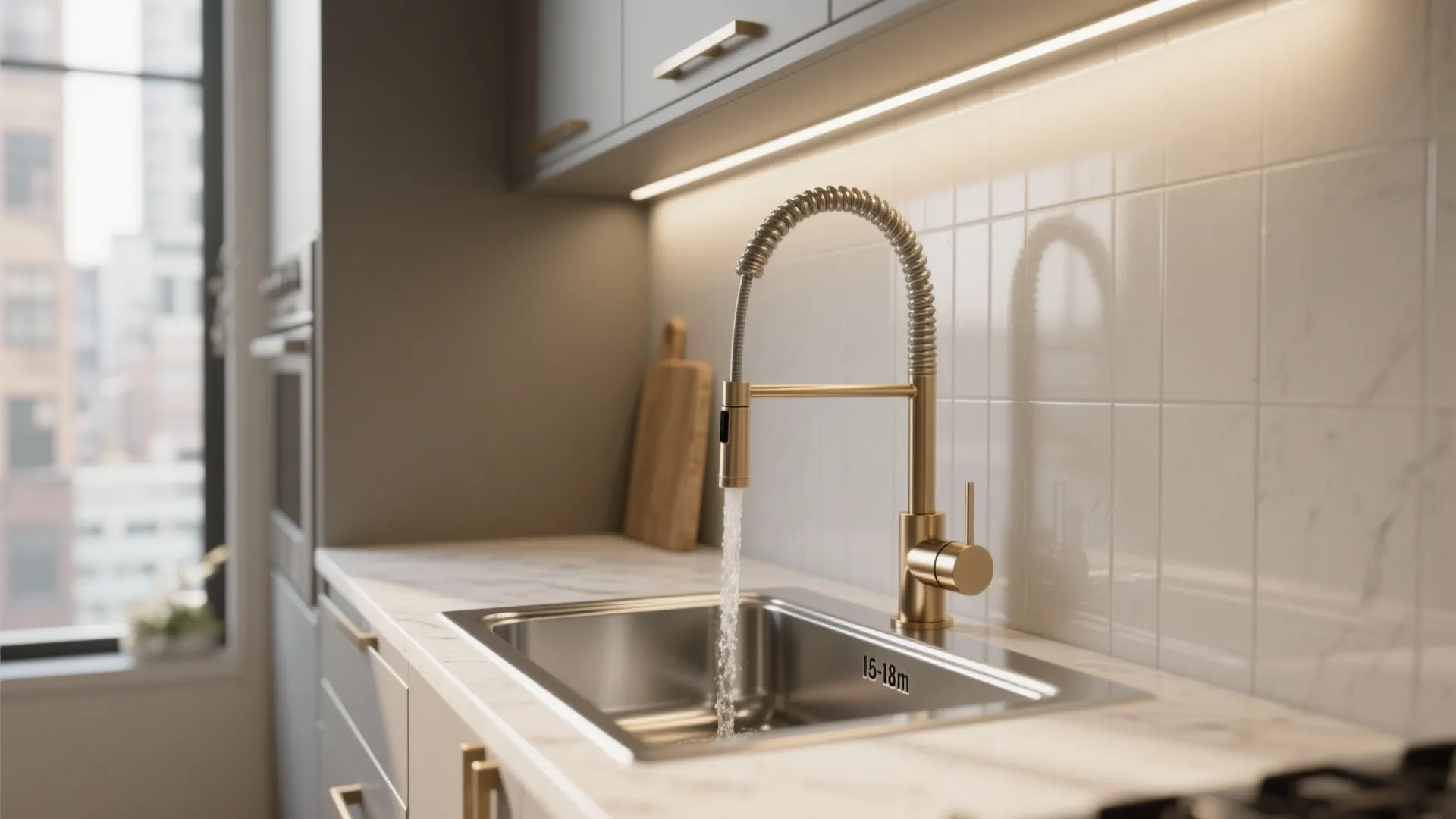 Modern gold kitchen faucet running water into a steel sink on a white marble countertop