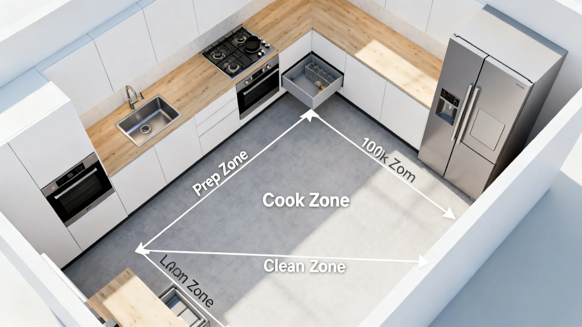Top-down view of compact kitchen with clear work zones and optimized aisle width.