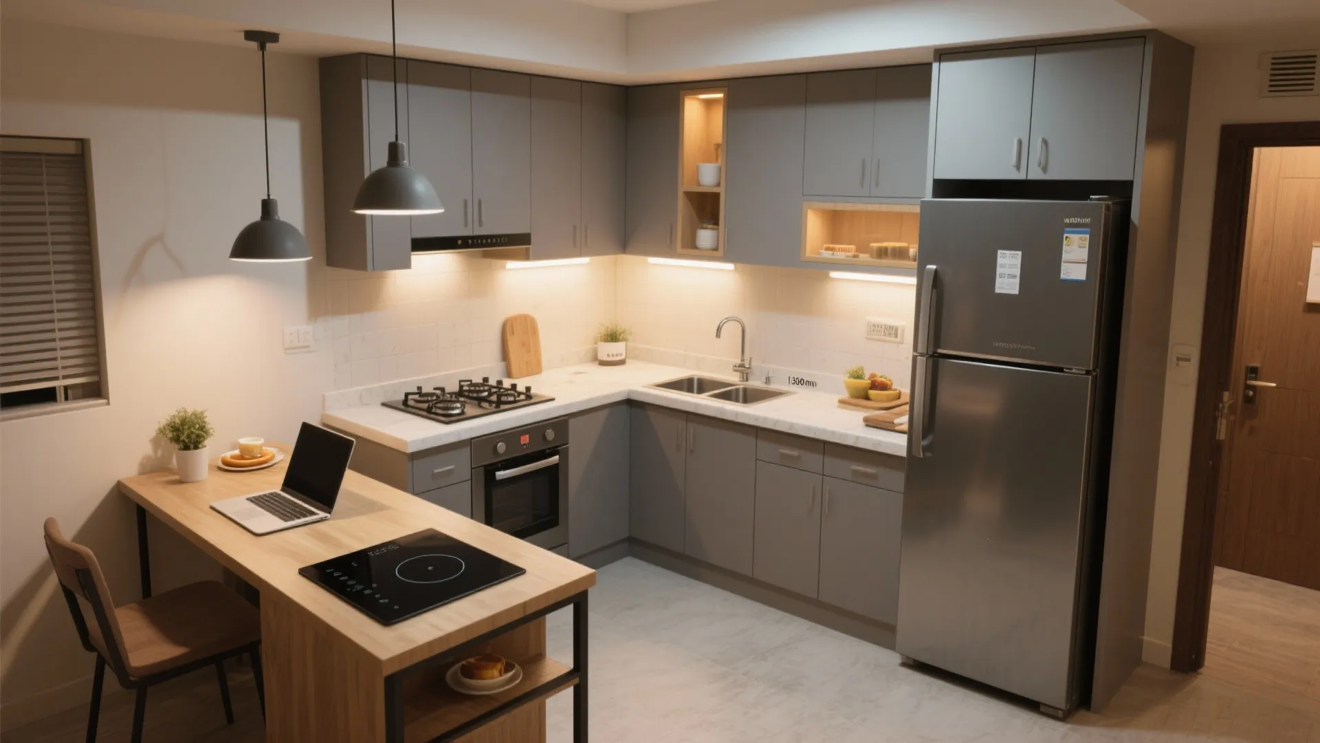 Modern grey L-shaped kitchen with wooden breakfast bar, hanging ceiling lights, stainless refrigerator, and oven