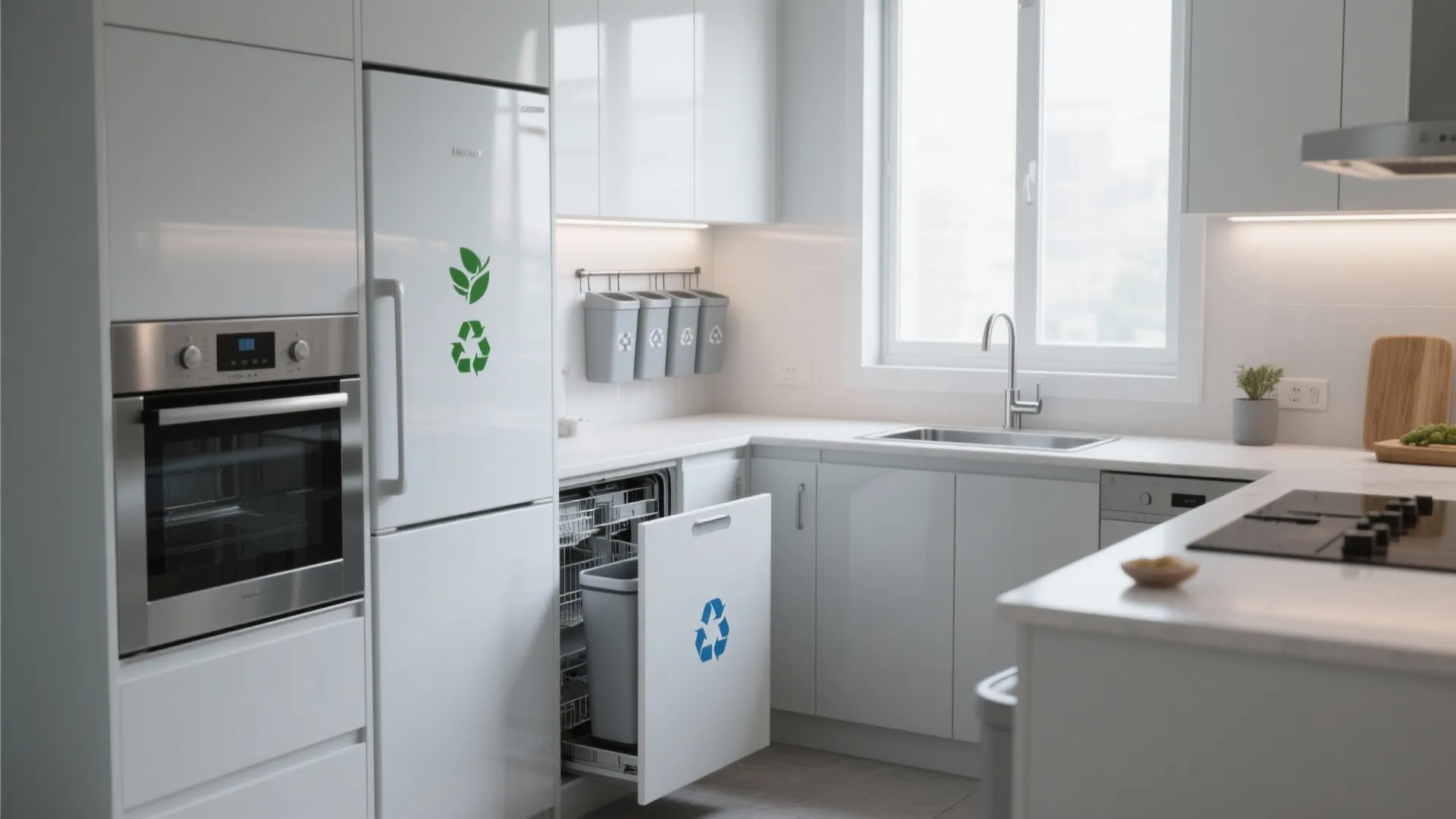 Modern white kitchen with built in oven fridge and drawer containing waste bin for recycling
