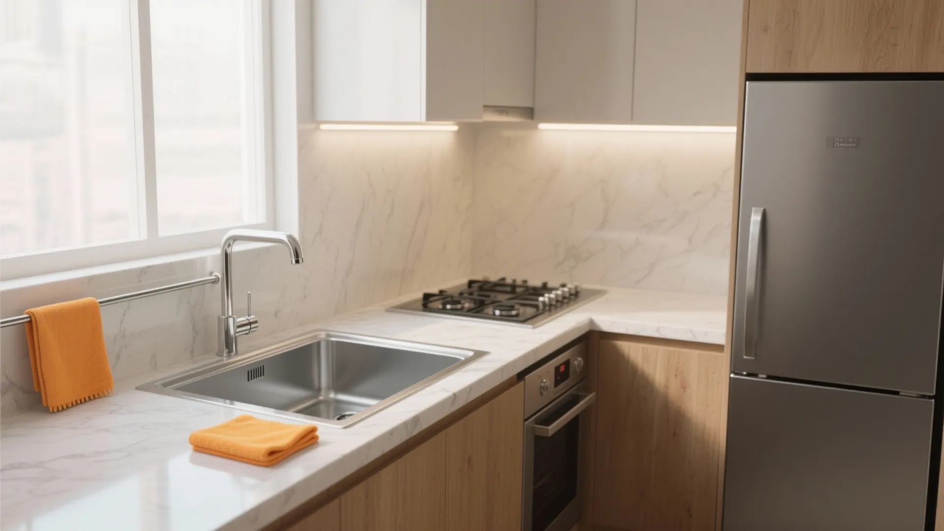 Modern compact kitchen with marble countertop, stainless steel sink, wooden cabinets, and a silver refrigerator