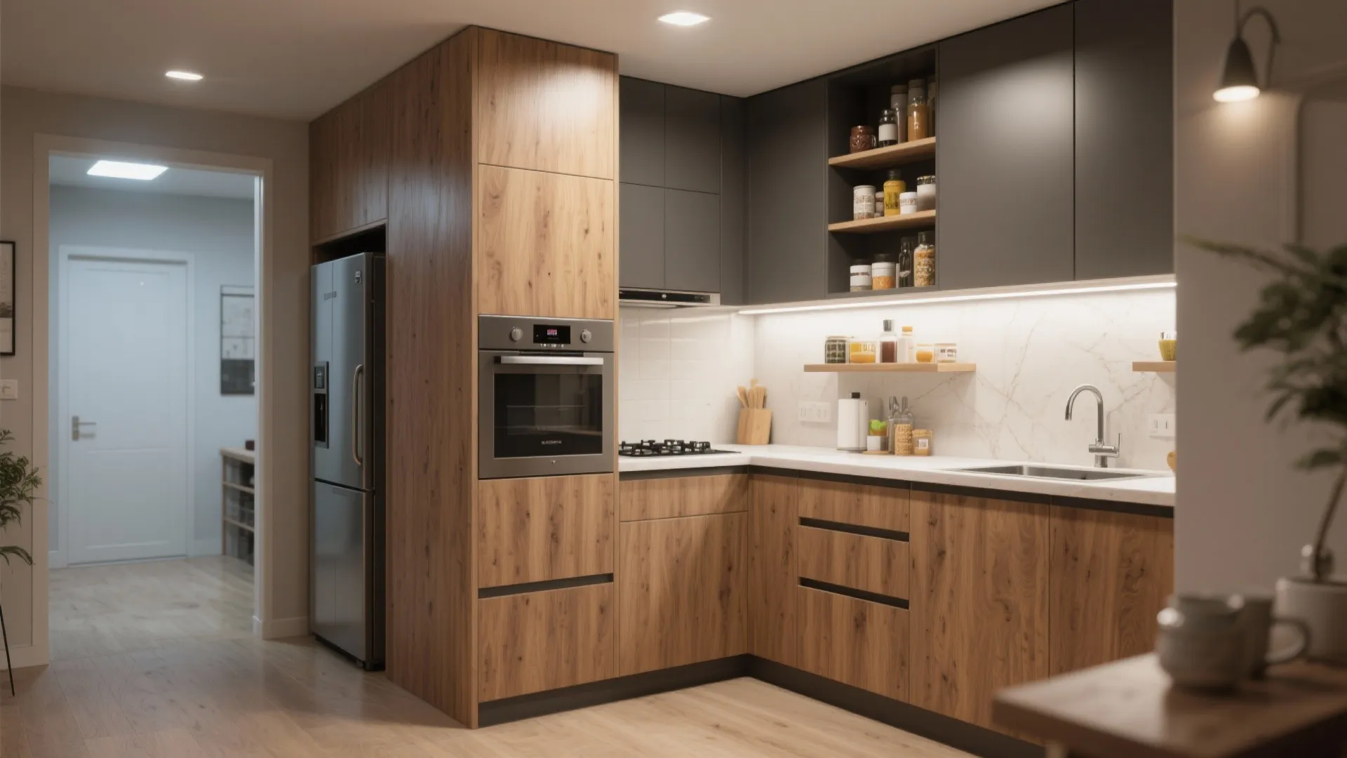 Compact L-shaped kitchen with tall pantry and appliance garage for clear counters and efficient workflow.