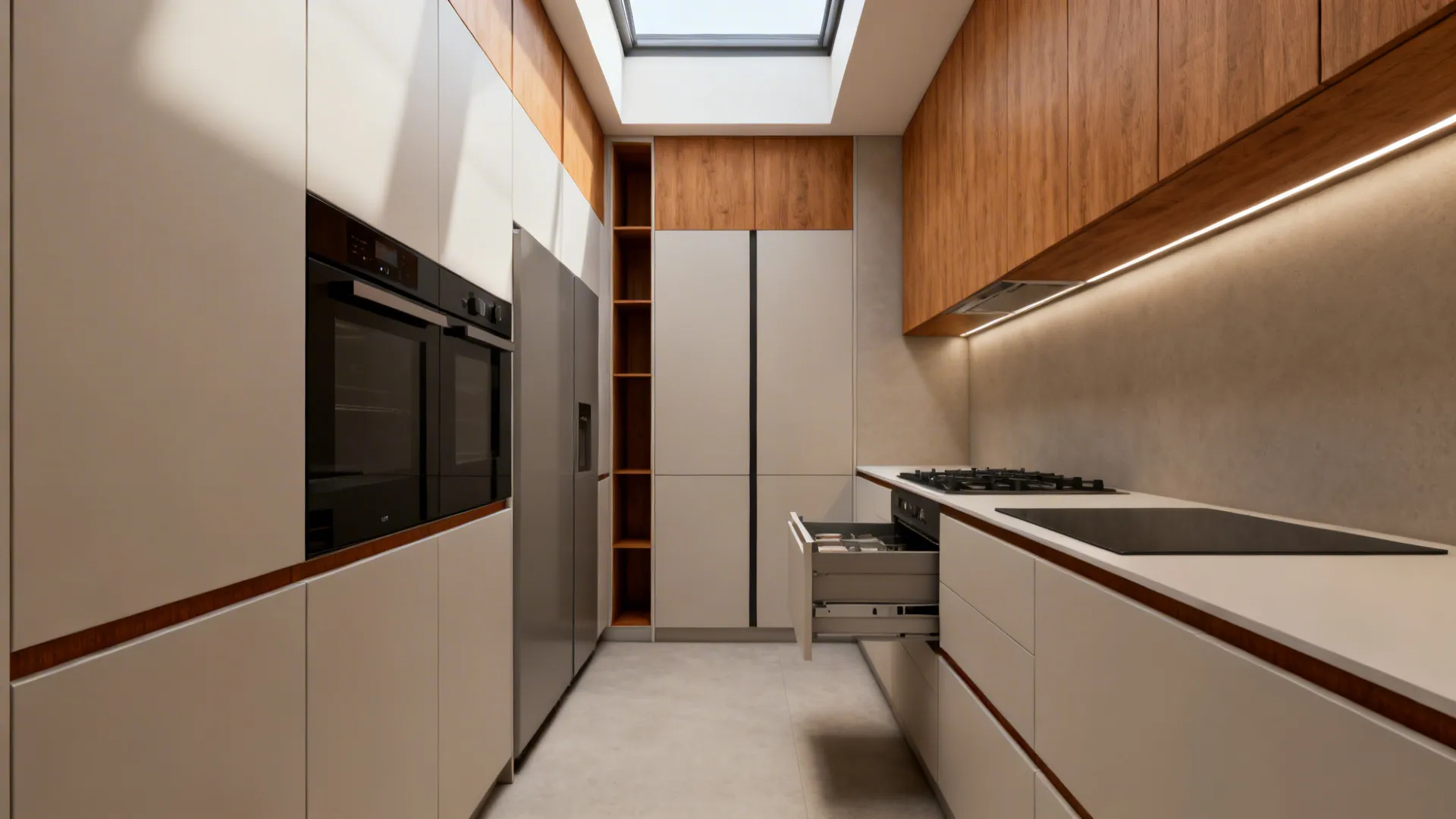 Finished compact kitchen with modular cabinets, vertical zoning, clear aisles, and matte wood-accent finishes.